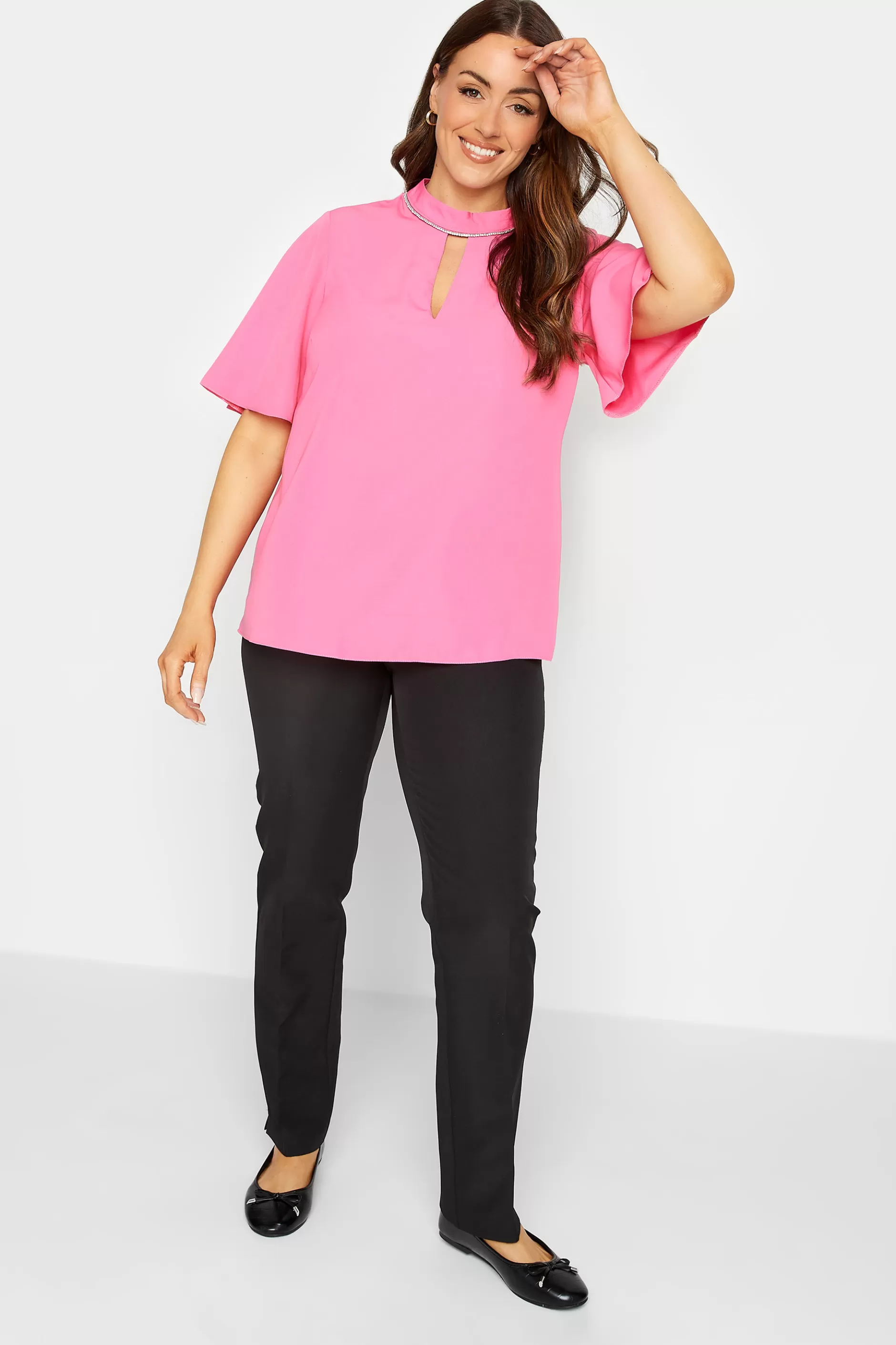 Women M&Co Short Sleeve Tops> Womens Hot Pink Embellished Neck Keyhole Blouse