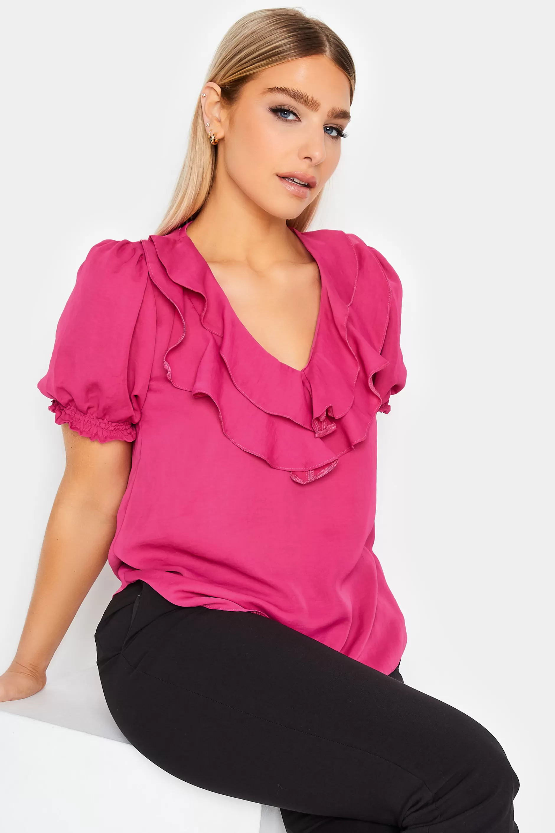 Women M&Co Short Sleeve Tops> Womens Hot Pink Frill Front Blouse