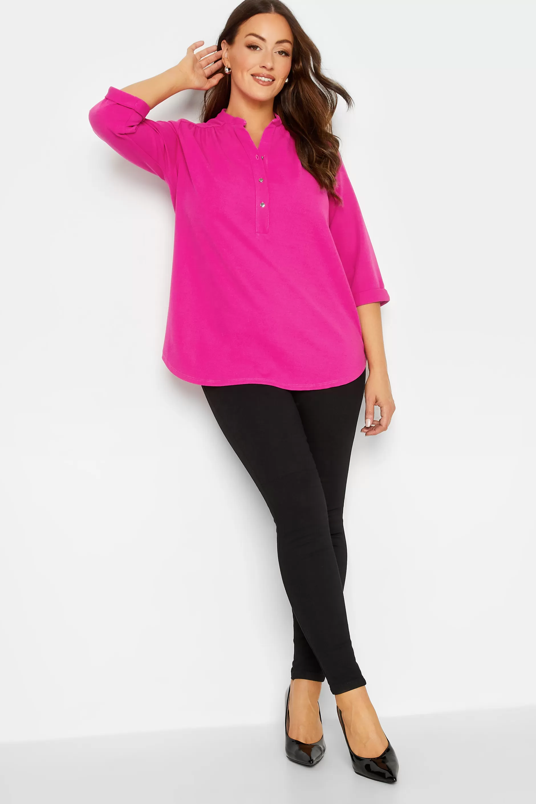 Women M&Co Shirts> Womens Hot Pink Half Placket Jersey Shirt