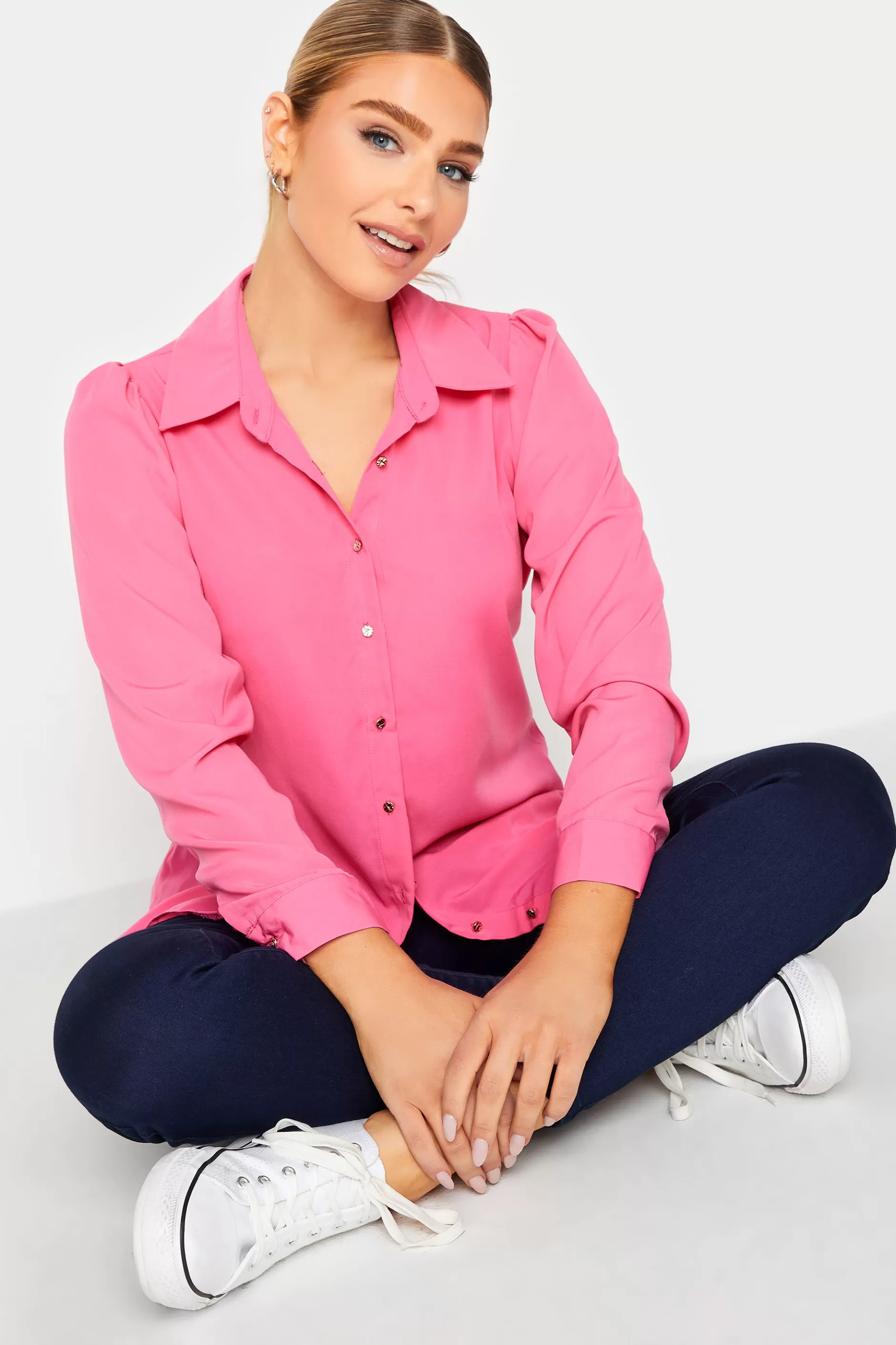 Women M&Co Shirts> Womens Hot Pink Tie Waist Tunic Shirt