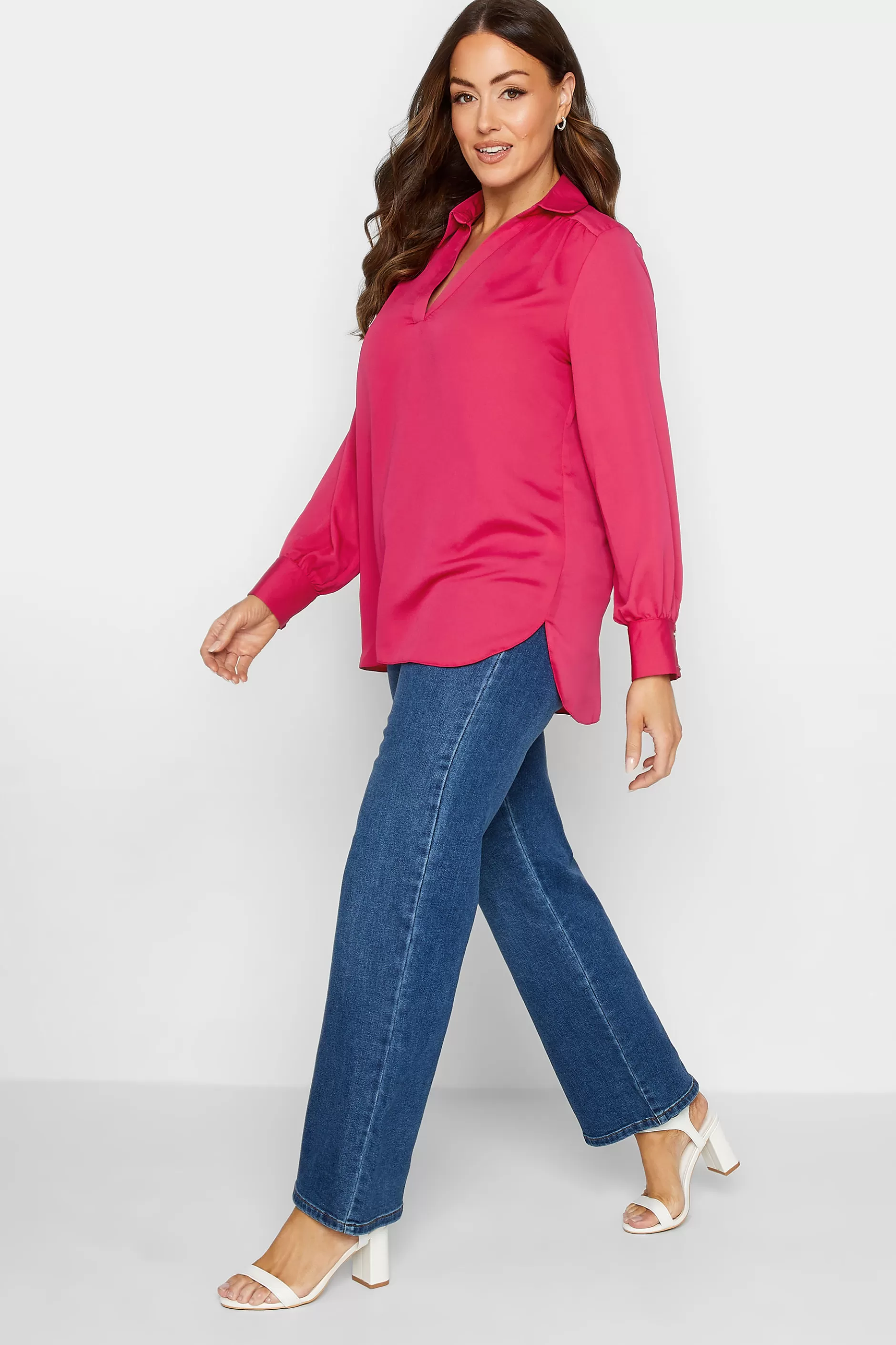 Women M&Co Long Sleeve Tops> Womens Hot Pink V-Neck Collared Blouse