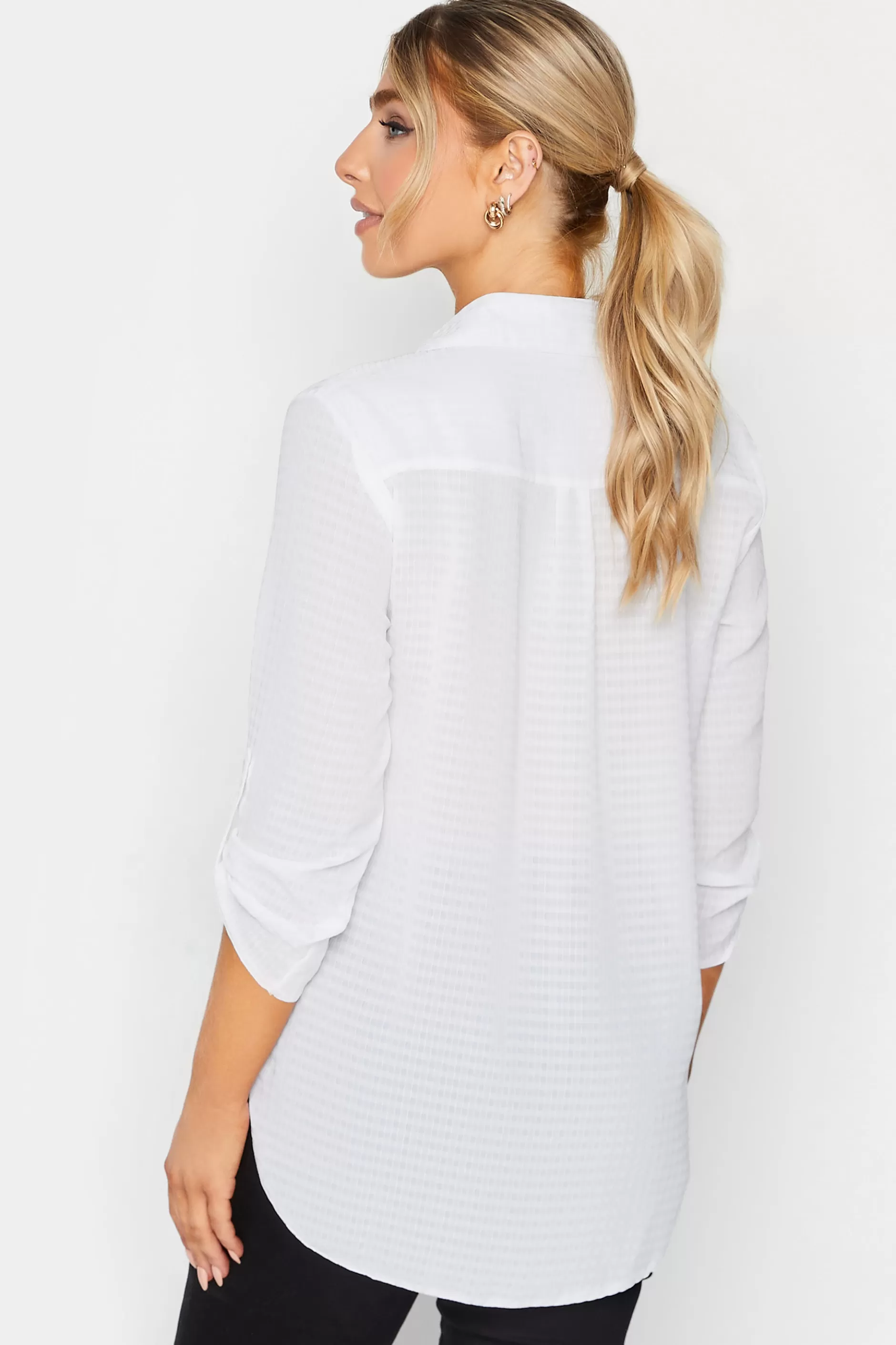 Women M&Co Shirts> Womens Ivory White Dobby Check Tab Sleeve Shirt