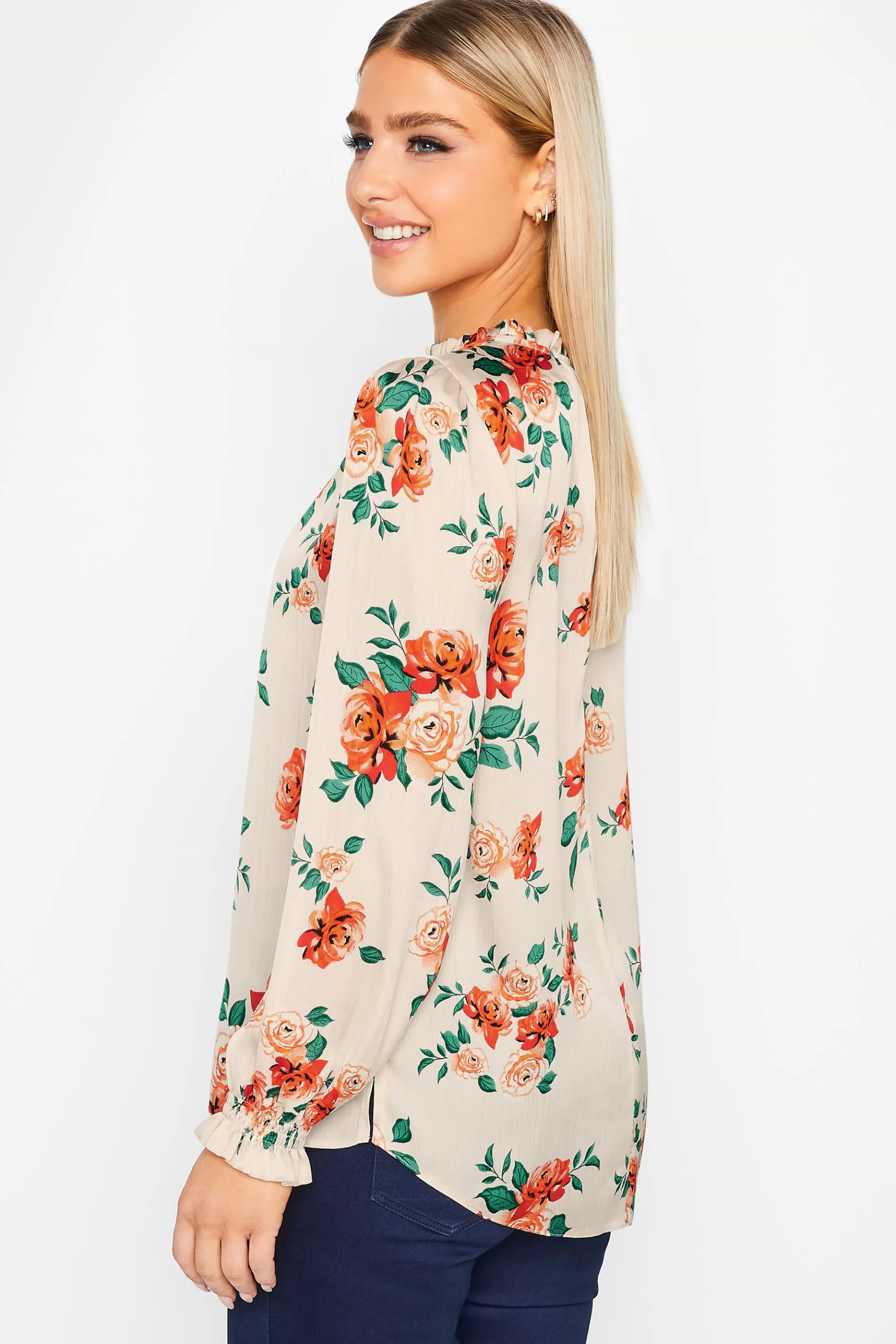 Women M&Co Long Sleeve Tops> Womens Ivory White Floral Print Frill Neck Blouse