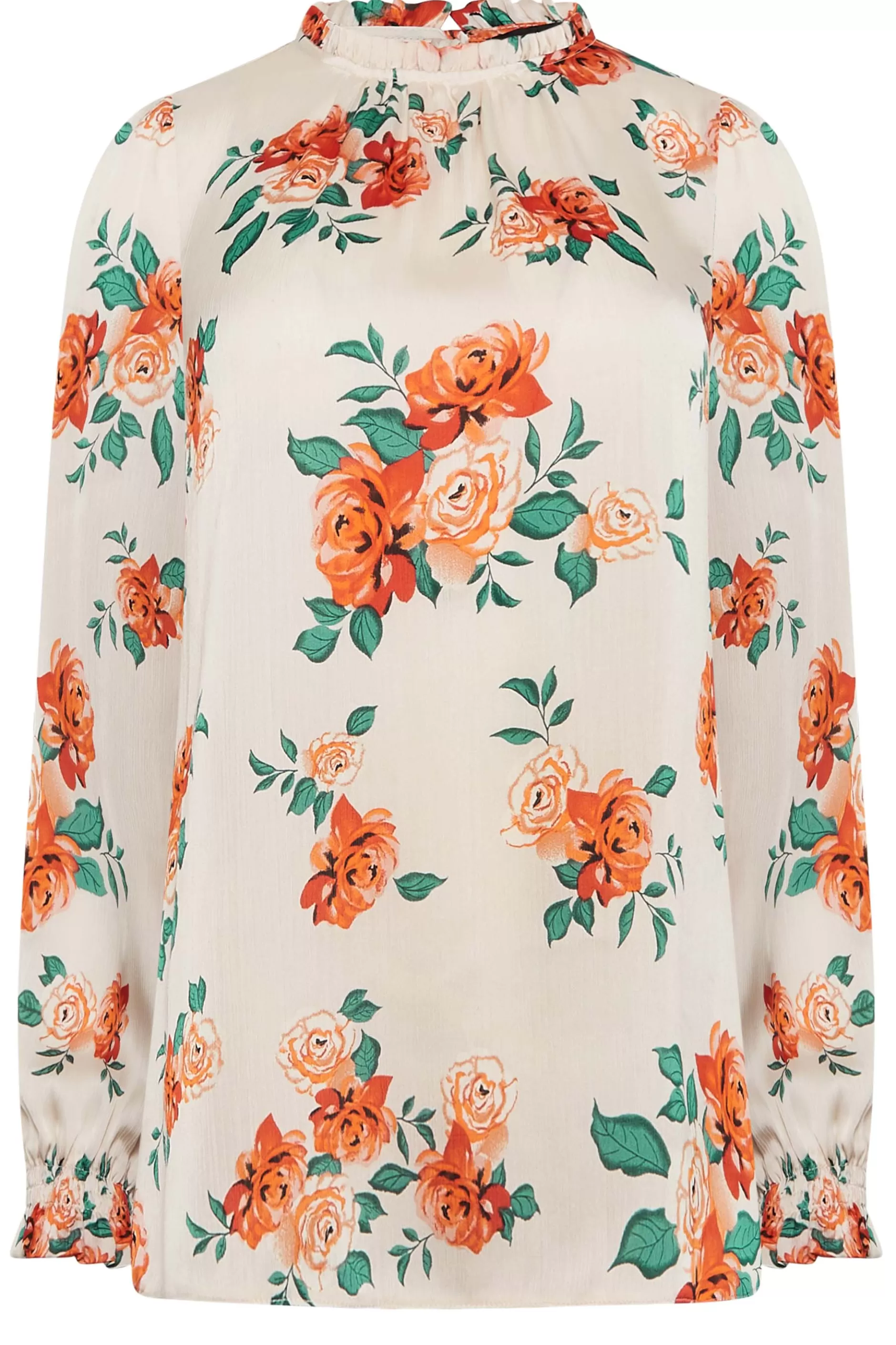 Women M&Co Long Sleeve Tops> Womens Ivory White Floral Print Frill Neck Blouse