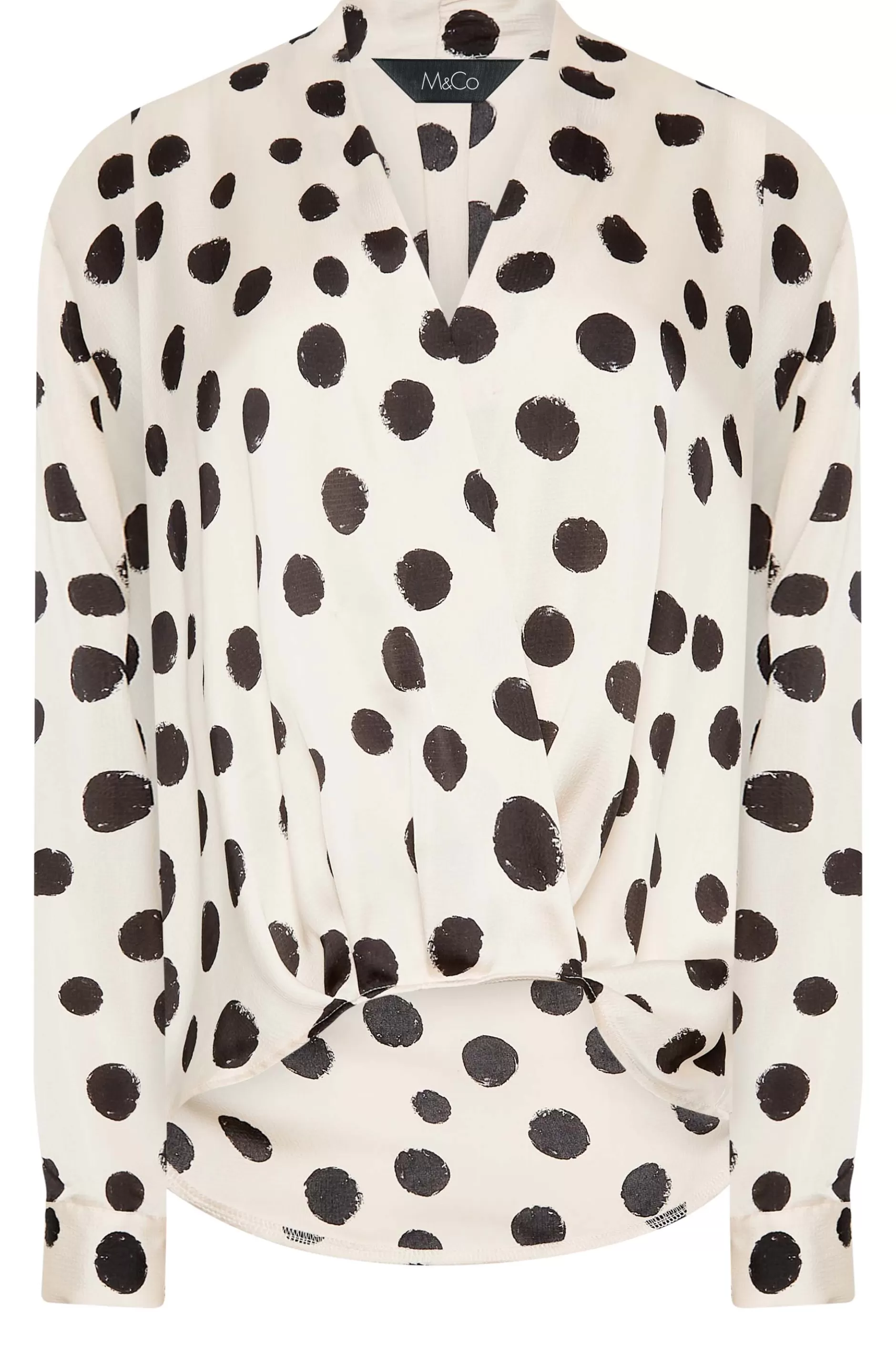 Women M&Co Long Sleeve Tops> Womens Ivory White Polka Dot Print Wrap Front Blouse