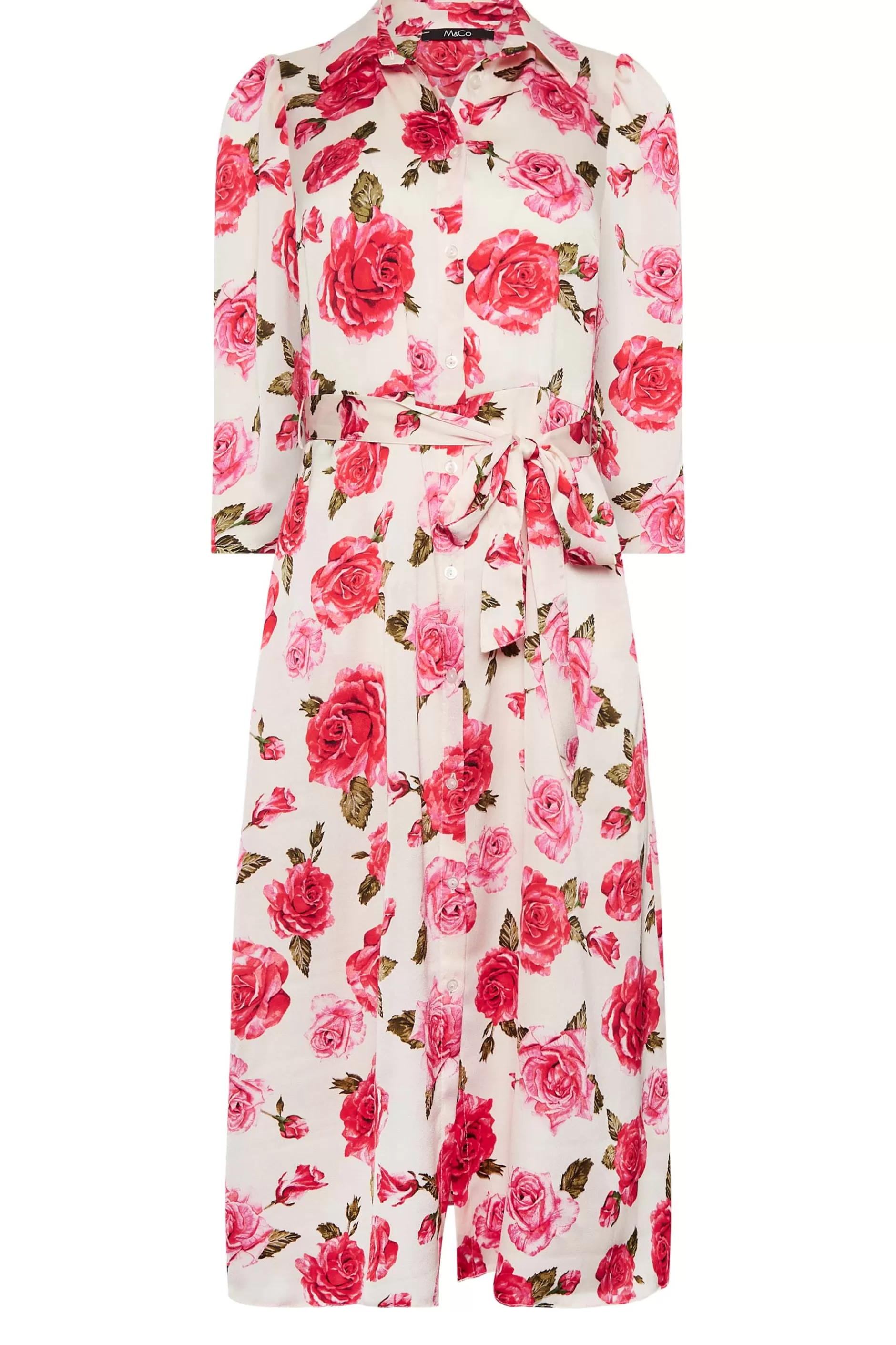 Women M&Co Wedding Guest Dresses> Womens Ivory White Rose Print Tie Waist Shirt Dress