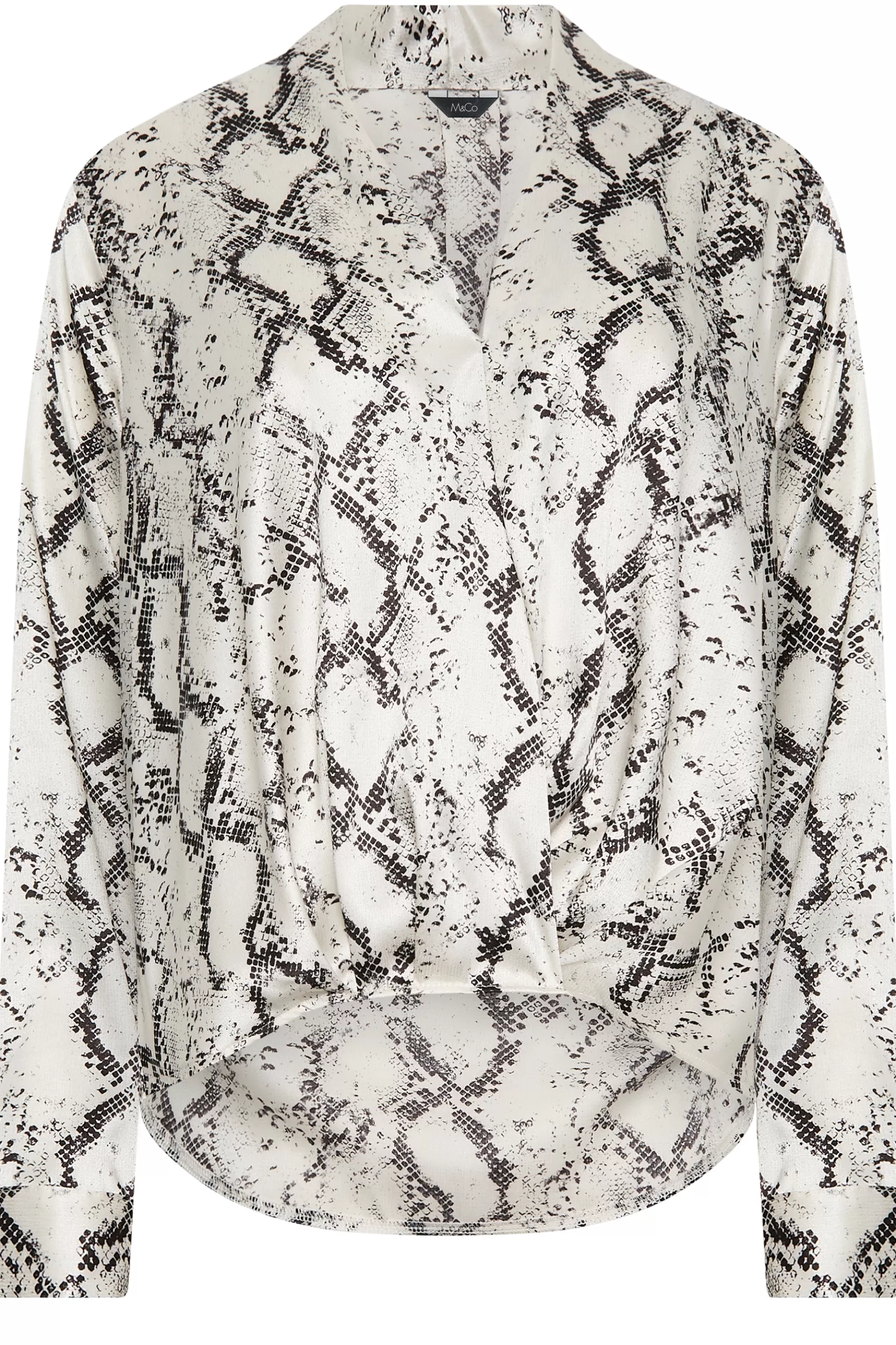 Women M&Co Long Sleeve Tops> Womens Ivory White Snake Print Wrap Front Blouse