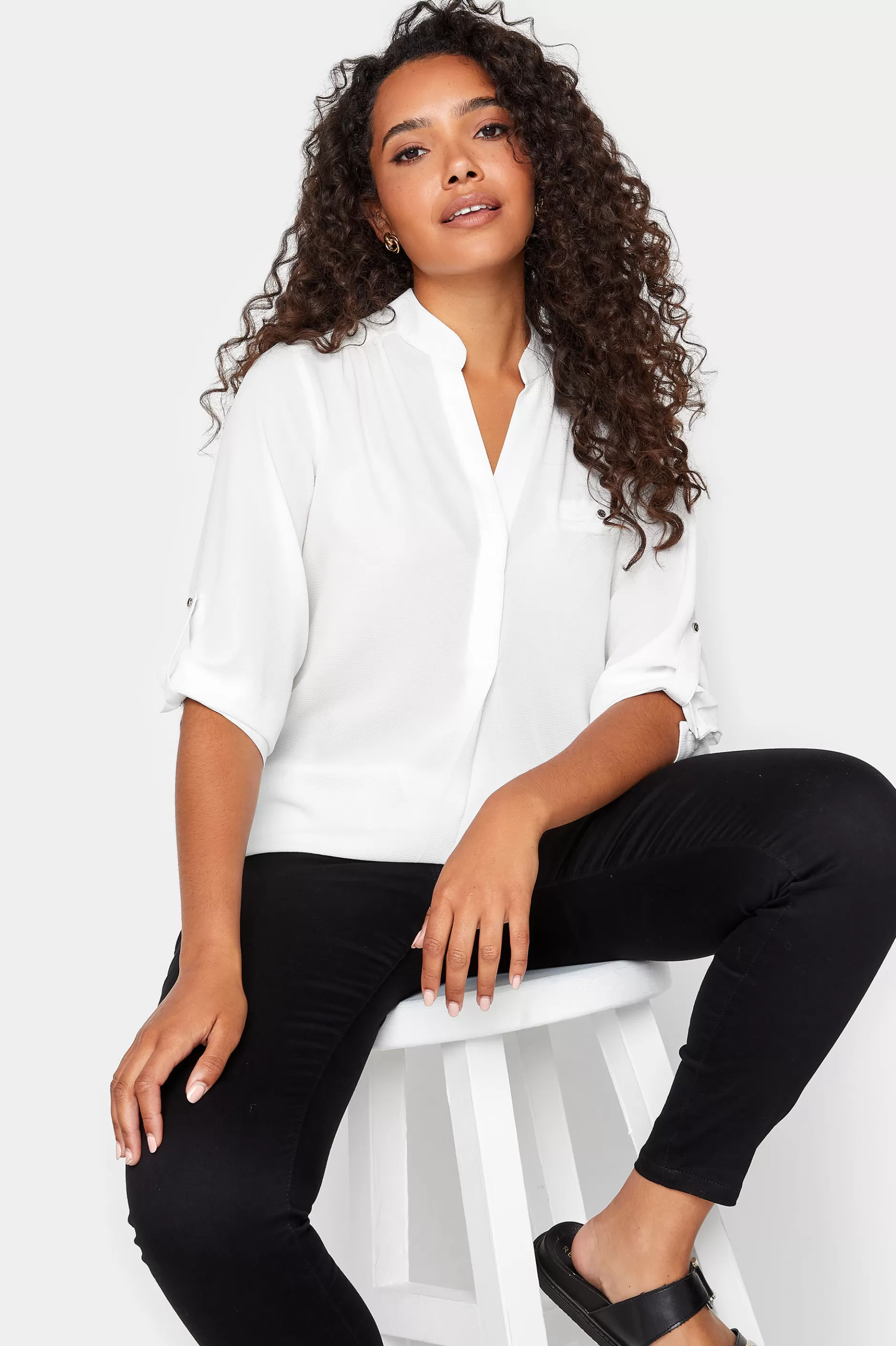 Women M&Co Shirts> Womens Ivory White Tab Sleeve Blouse