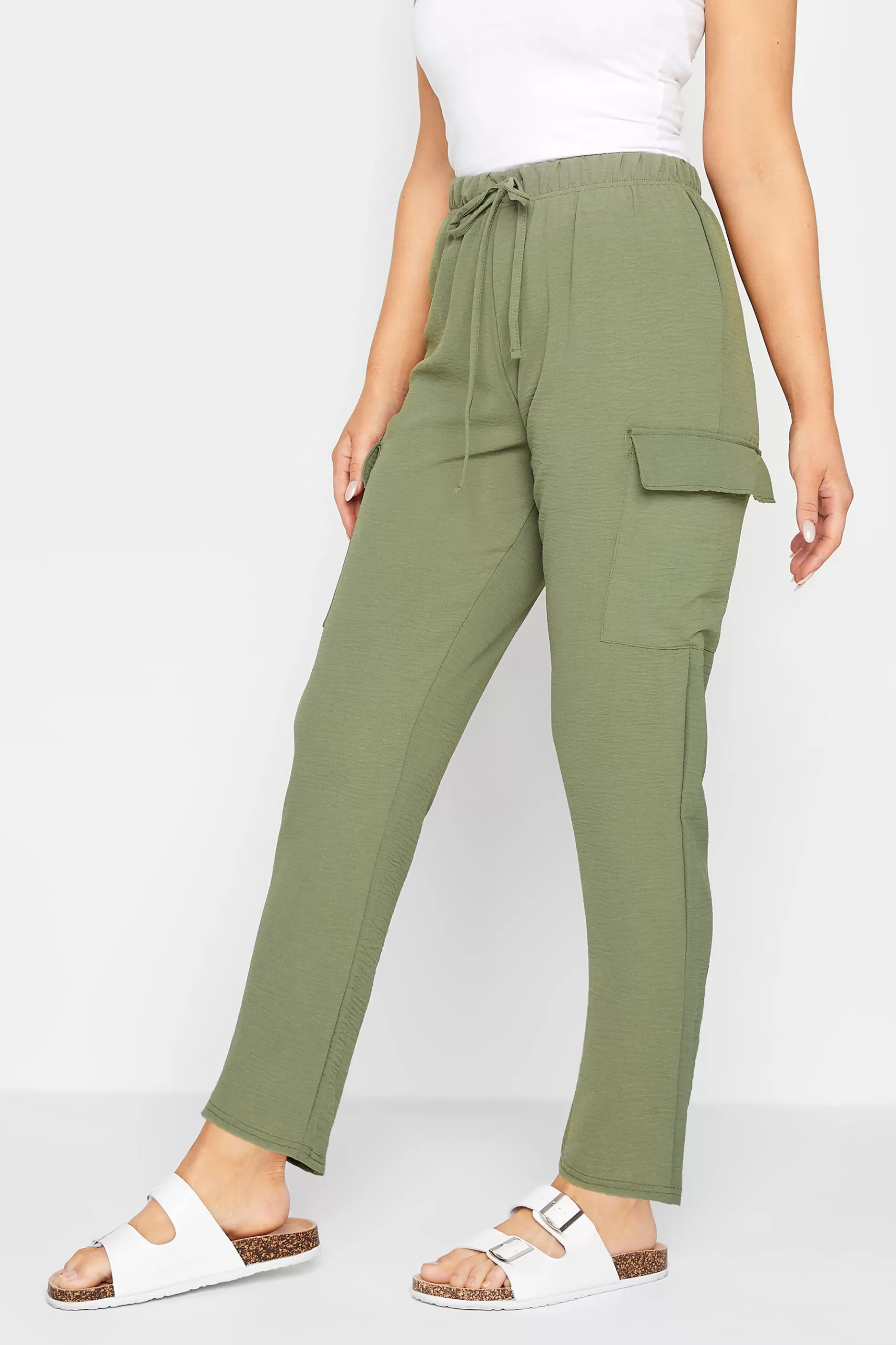 Women M&Co Trousers> Womens Khaki Green Cargo Slim Leg Trousers