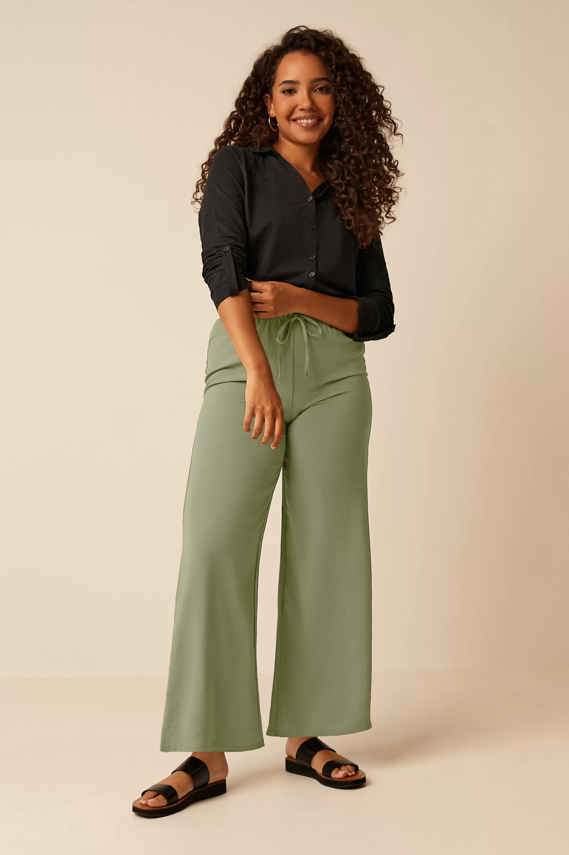 Women M&Co Wide Leg Trousers> Womens Khaki Green Crepe Wide Leg Trousers