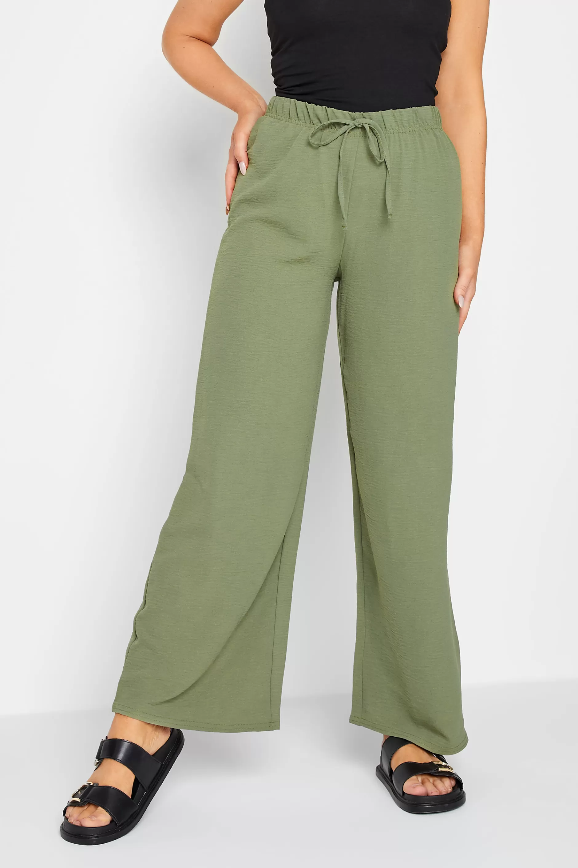 Women M&Co Wide Leg Trousers> Womens Khaki Green Crepe Wide Leg Trousers