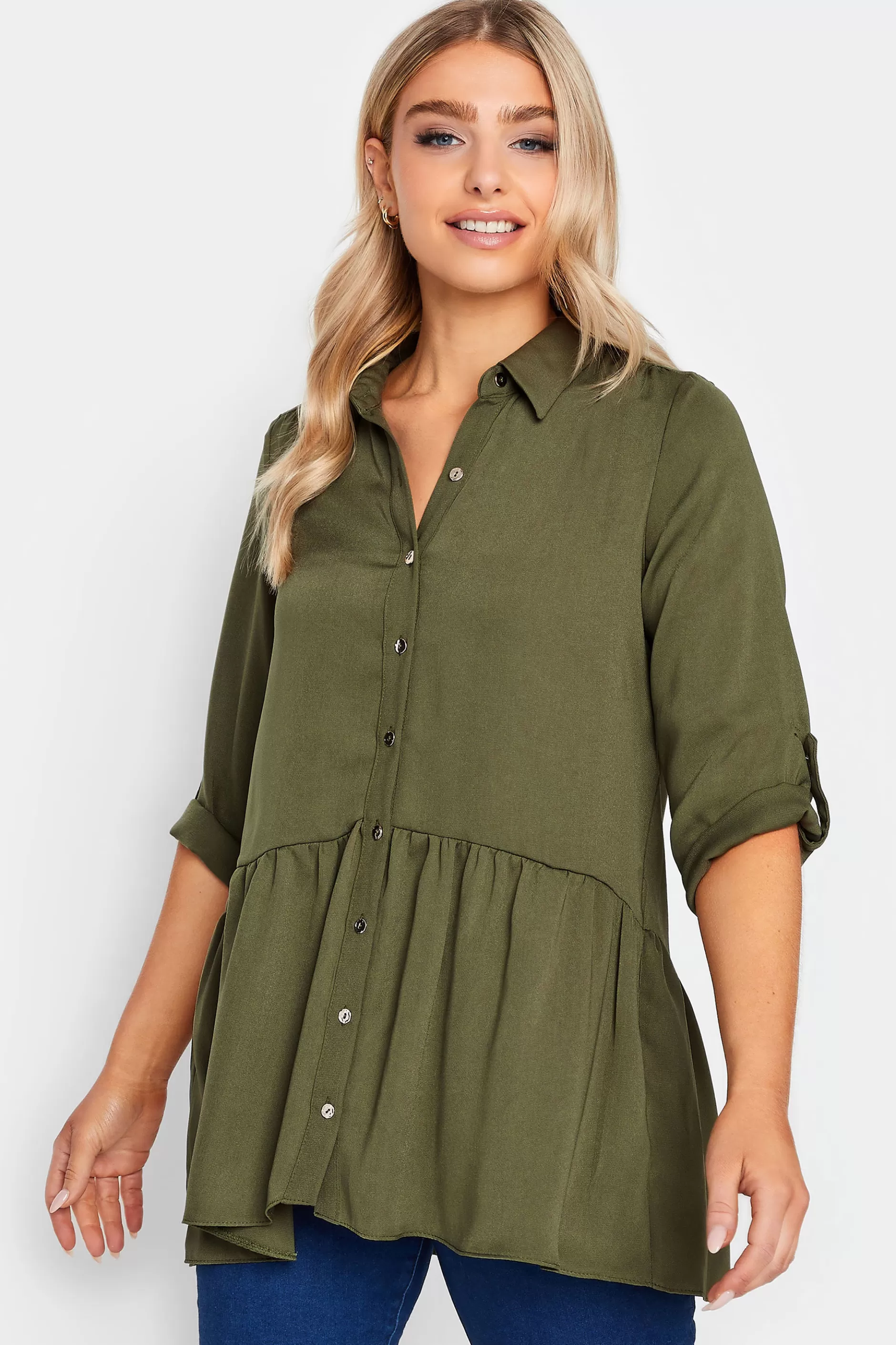 Women M&Co Shirts> Womens Khaki Green Frill Hem Shirt