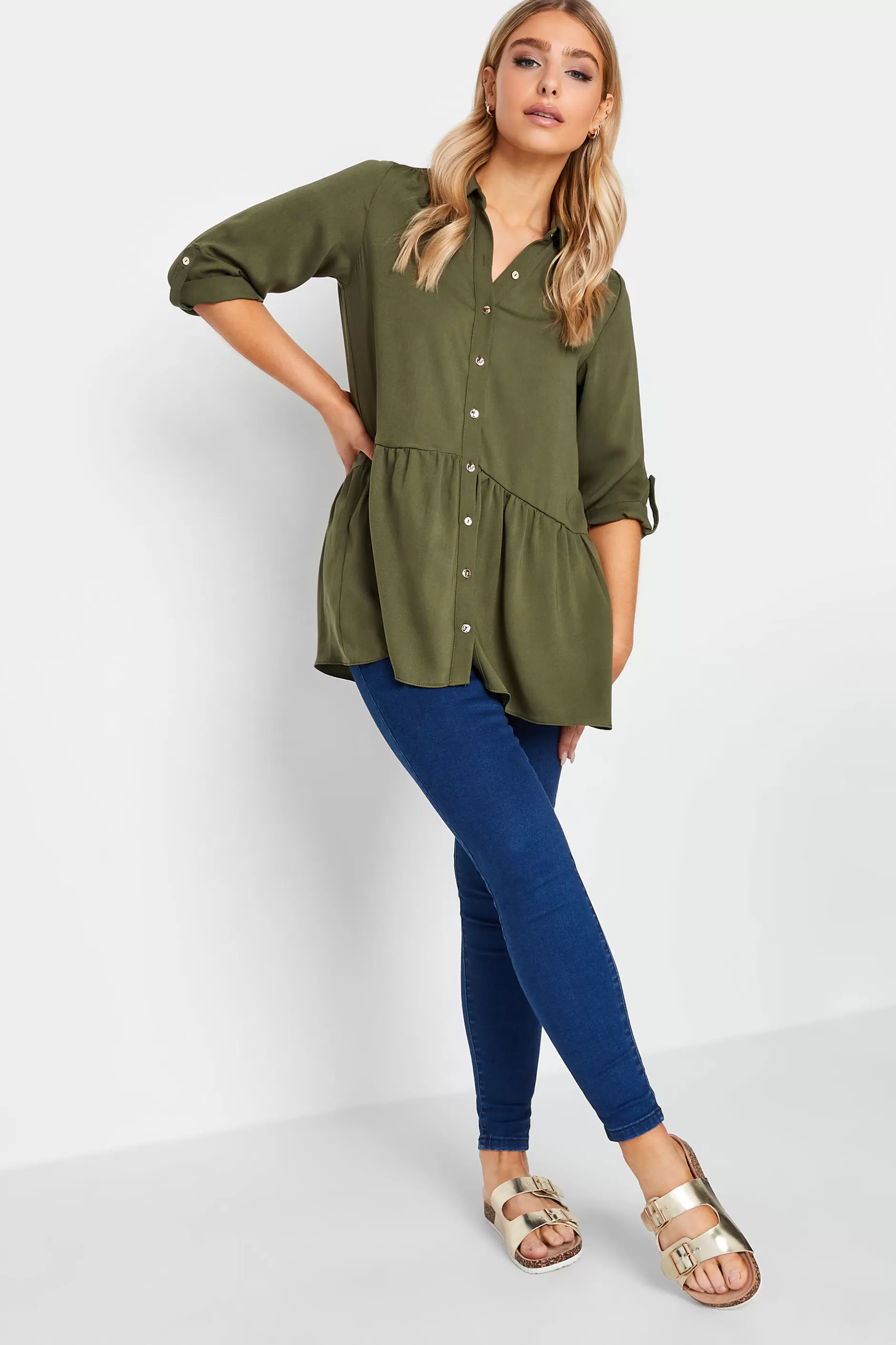 Women M&Co Shirts> Womens Khaki Green Frill Hem Shirt