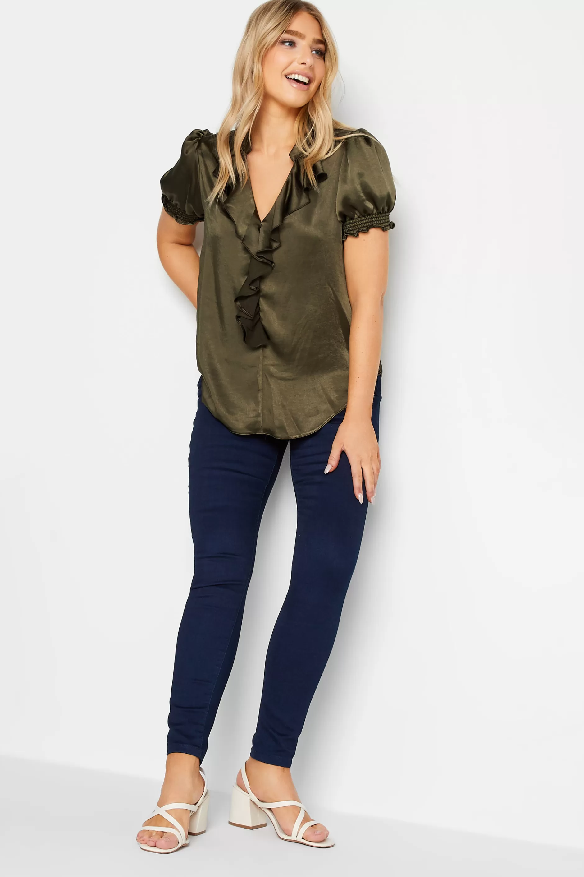 Women M&Co Short Sleeve Tops> Womens Khaki Green Frill Satin Blouse