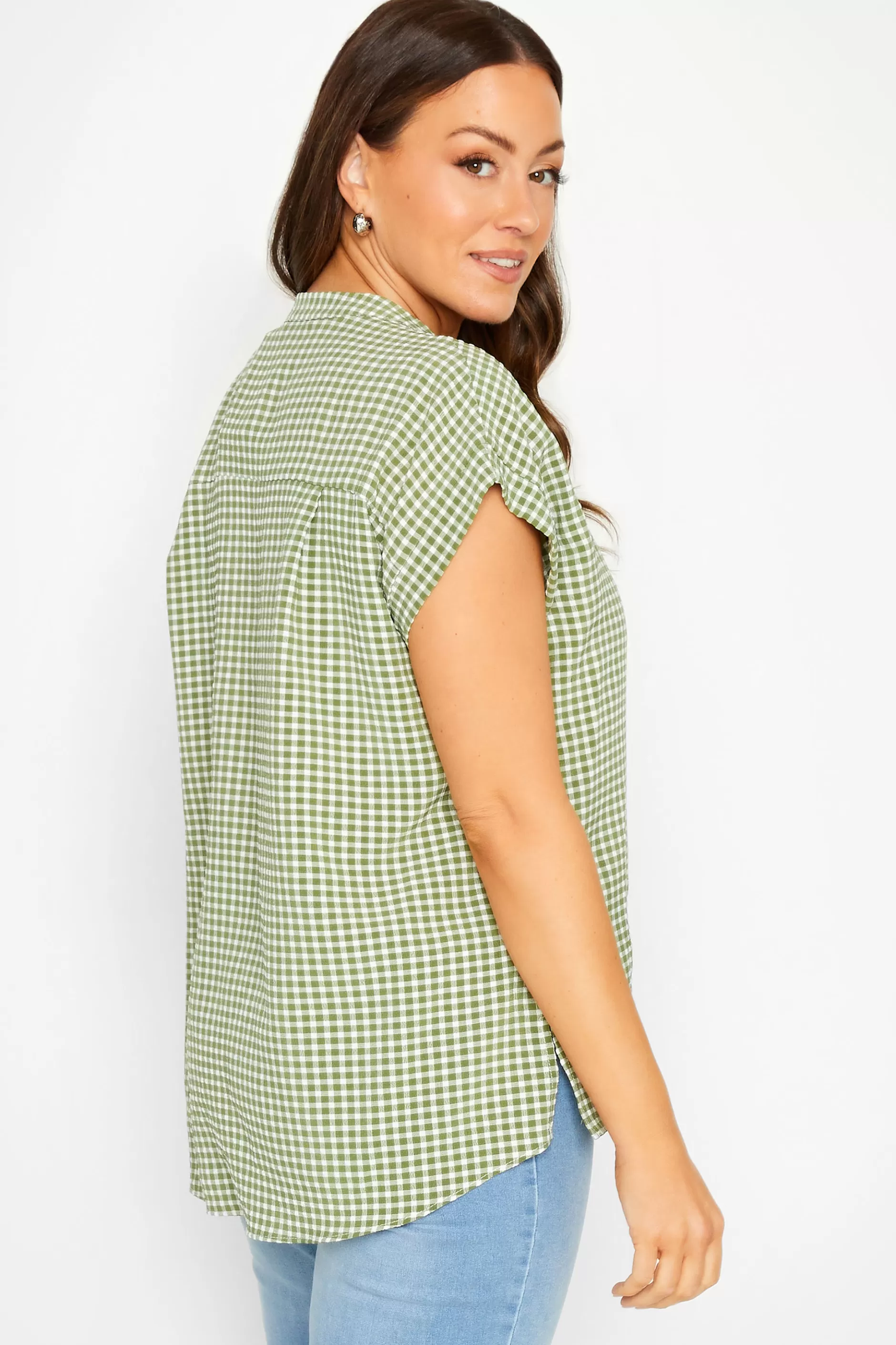 Women M&Co Short Sleeve Tops> Womens Khaki Green Gingham Short Sleeve Shirt