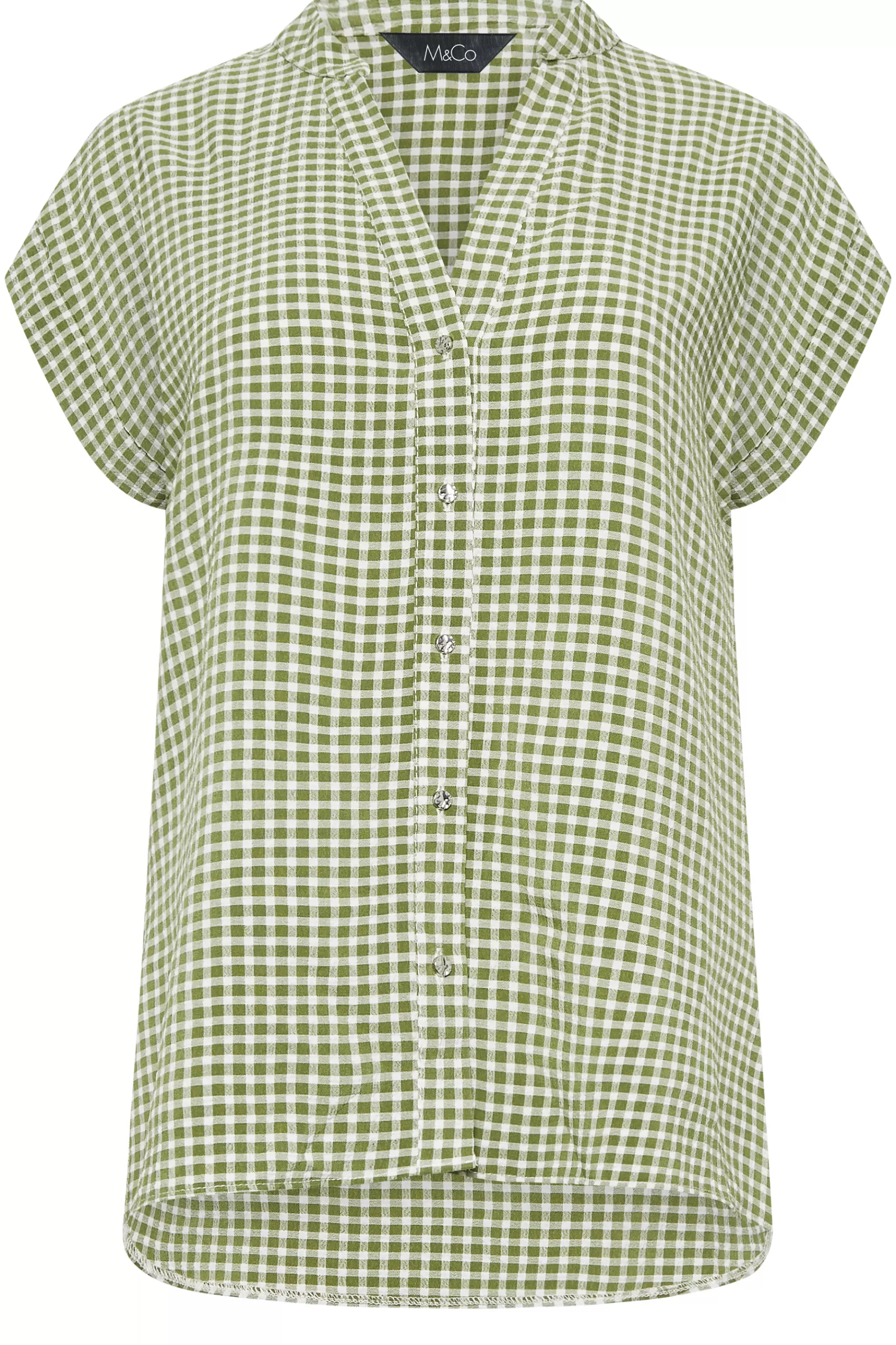 Women M&Co Short Sleeve Tops> Womens Khaki Green Gingham Short Sleeve Shirt