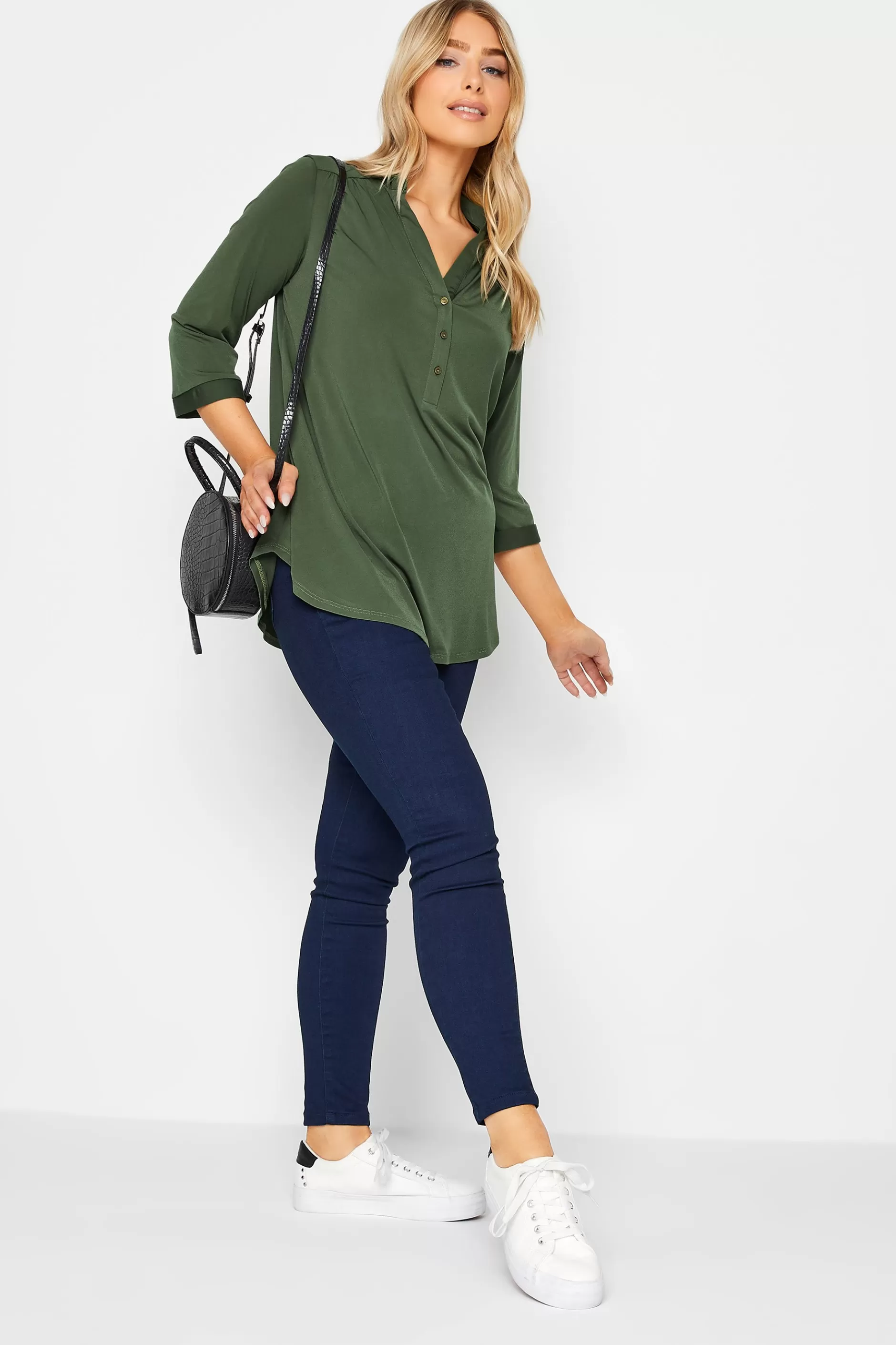 Women M&Co Shirts> Womens Khaki Green Half Placket Shirt