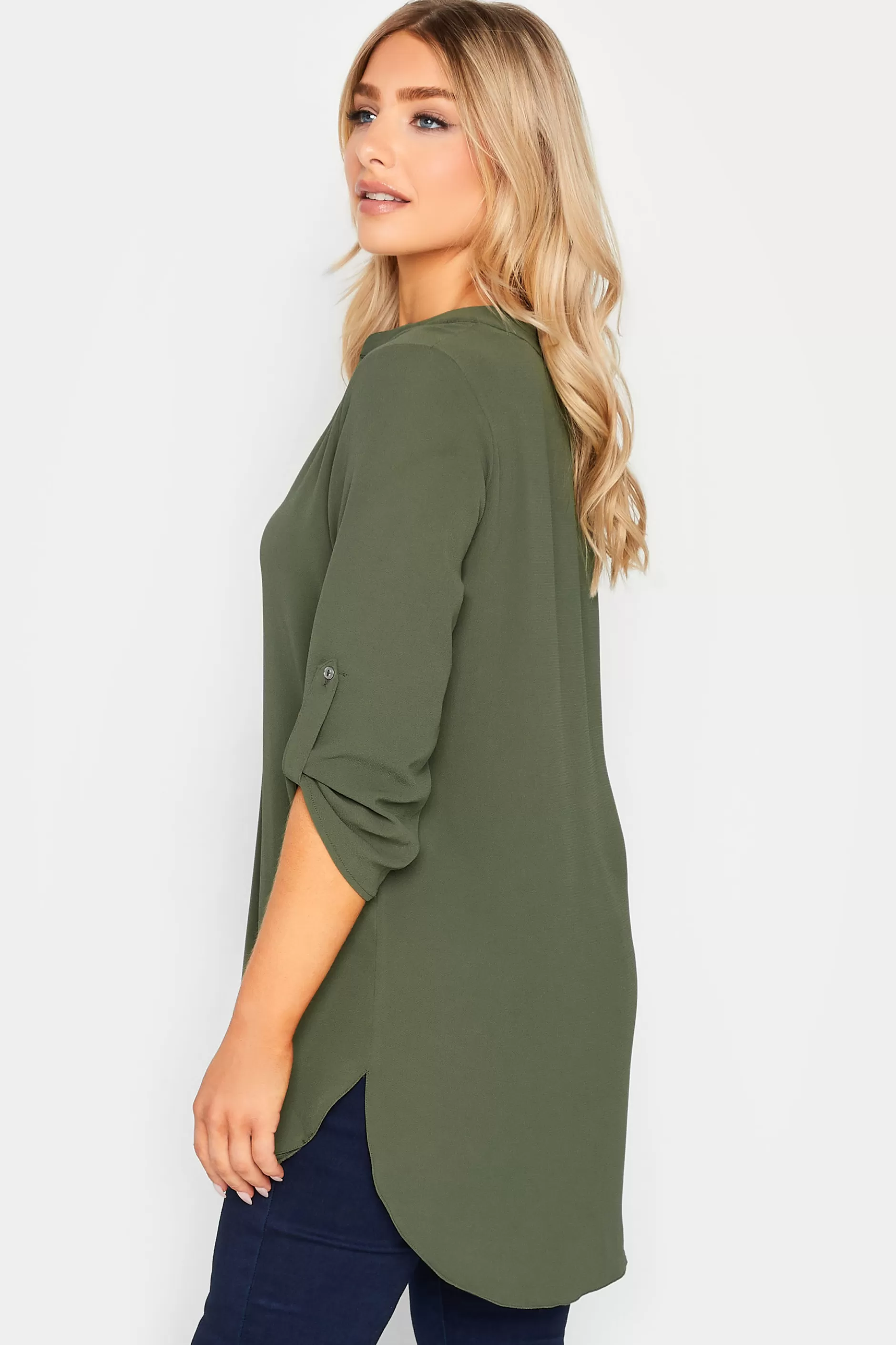Women M&Co Shirts> Womens Khaki Green Statement Button Tab Sleeve Shirt