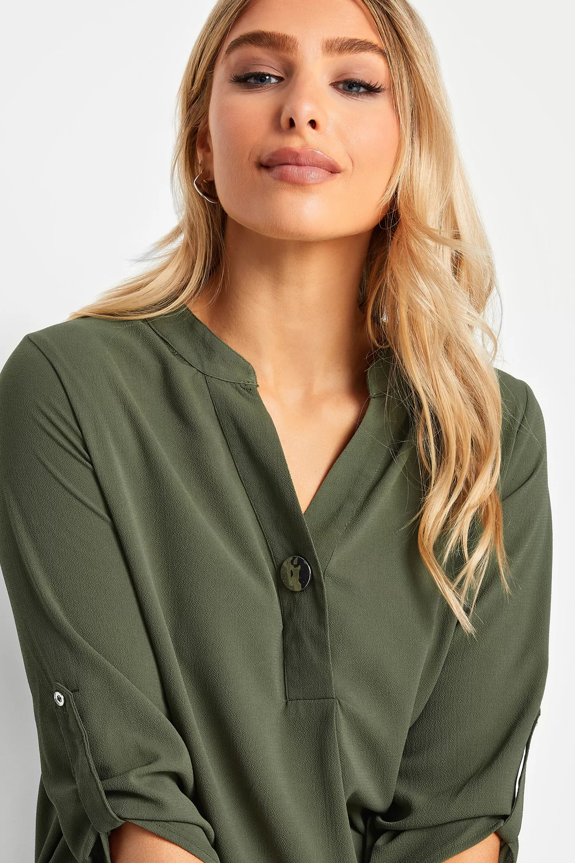 Women M&Co Shirts> Womens Khaki Green Statement Button Tab Sleeve Shirt