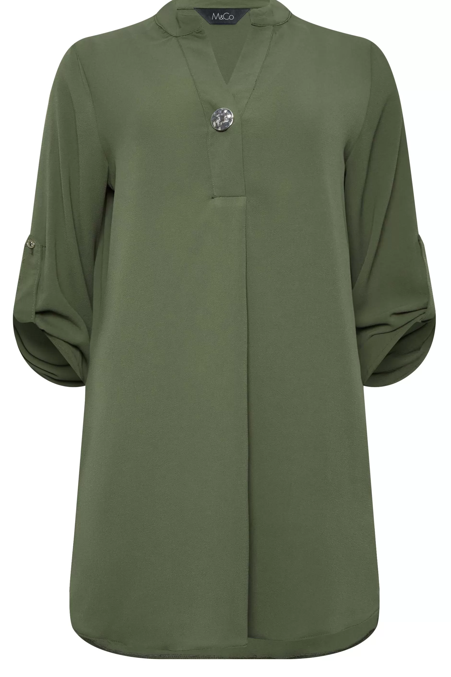 Women M&Co Shirts> Womens Khaki Green Statement Button Tab Sleeve Shirt