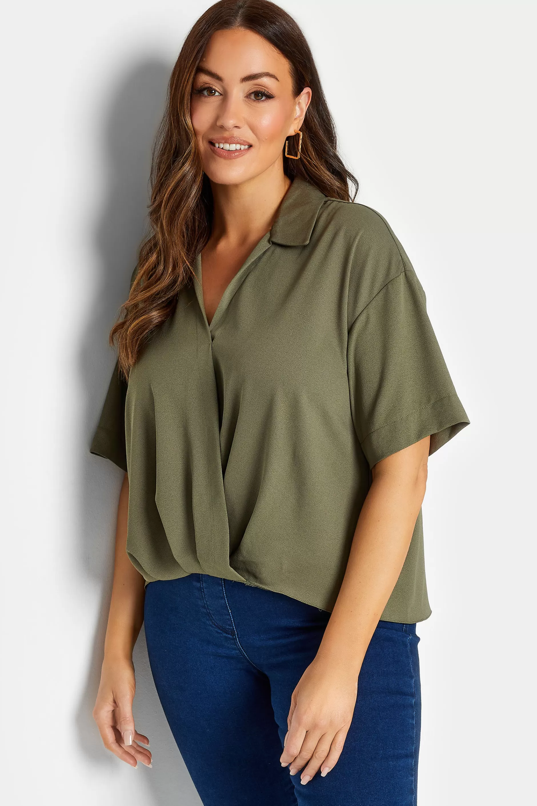 Women M&Co Short Sleeve Tops> Womens Khaki Green V-Neck Wrap Blouse