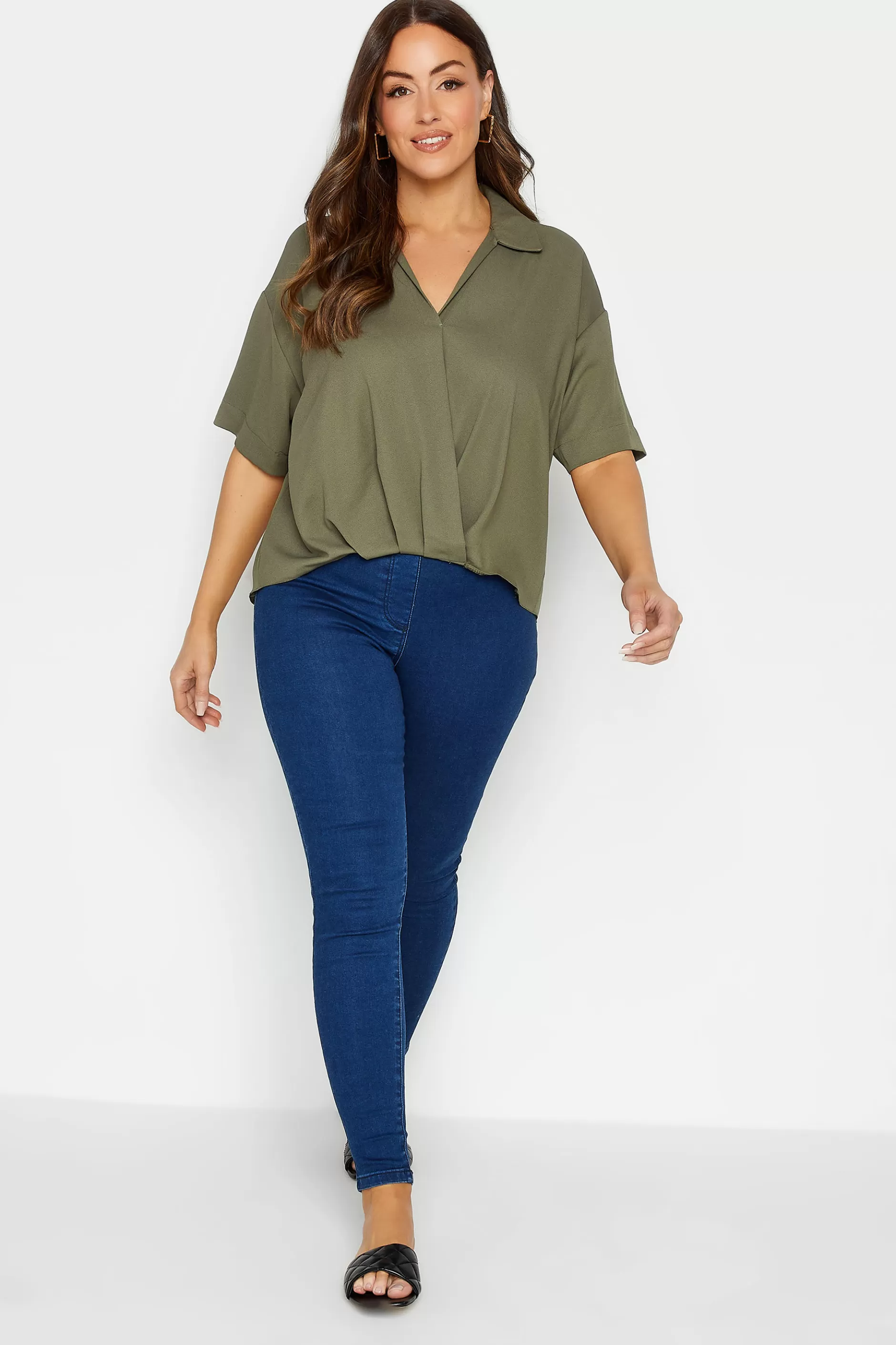 Women M&Co Short Sleeve Tops> Womens Khaki Green V-Neck Wrap Blouse