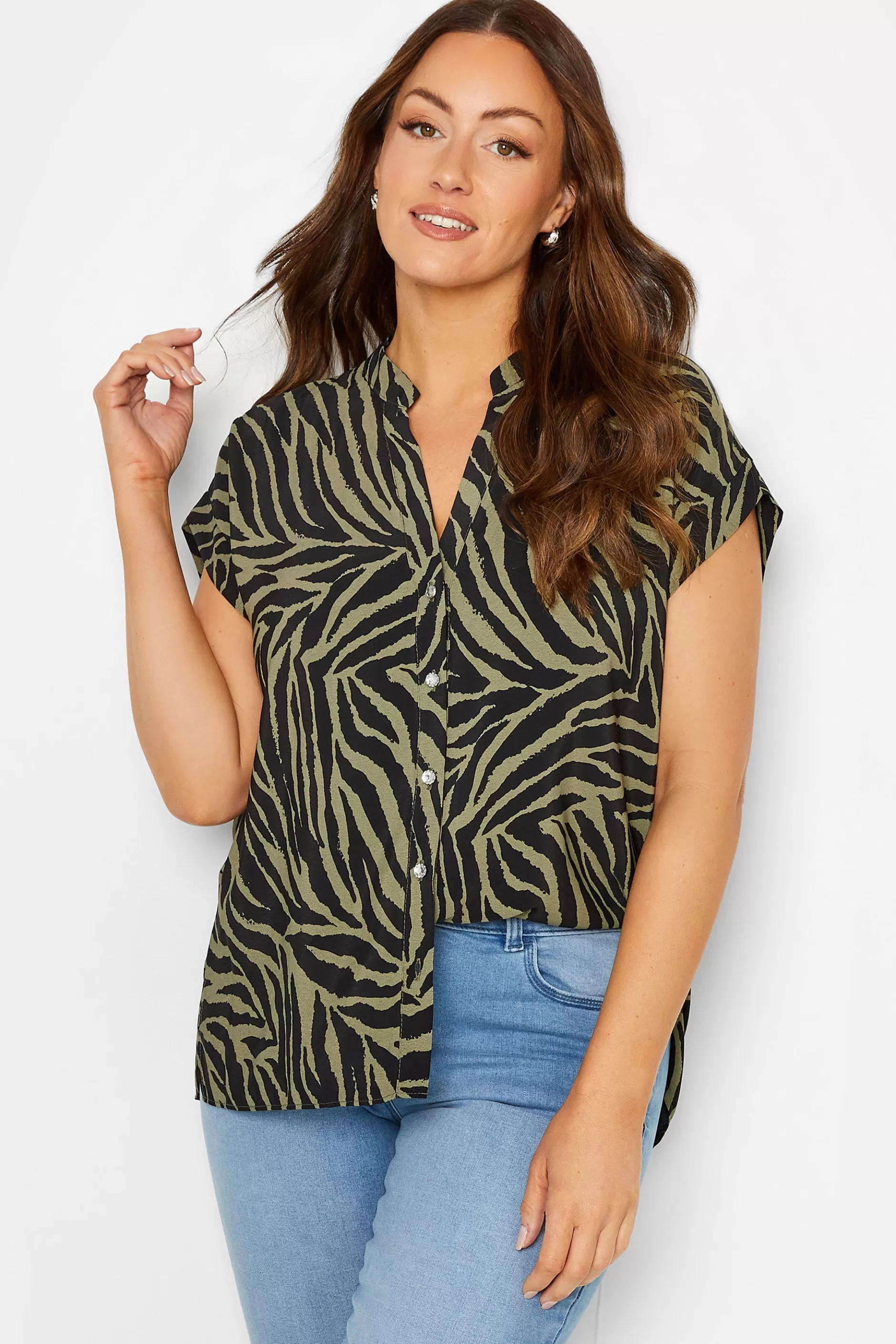 Women M&Co Shirts> Womens Khaki Green Zebra Print Shirt