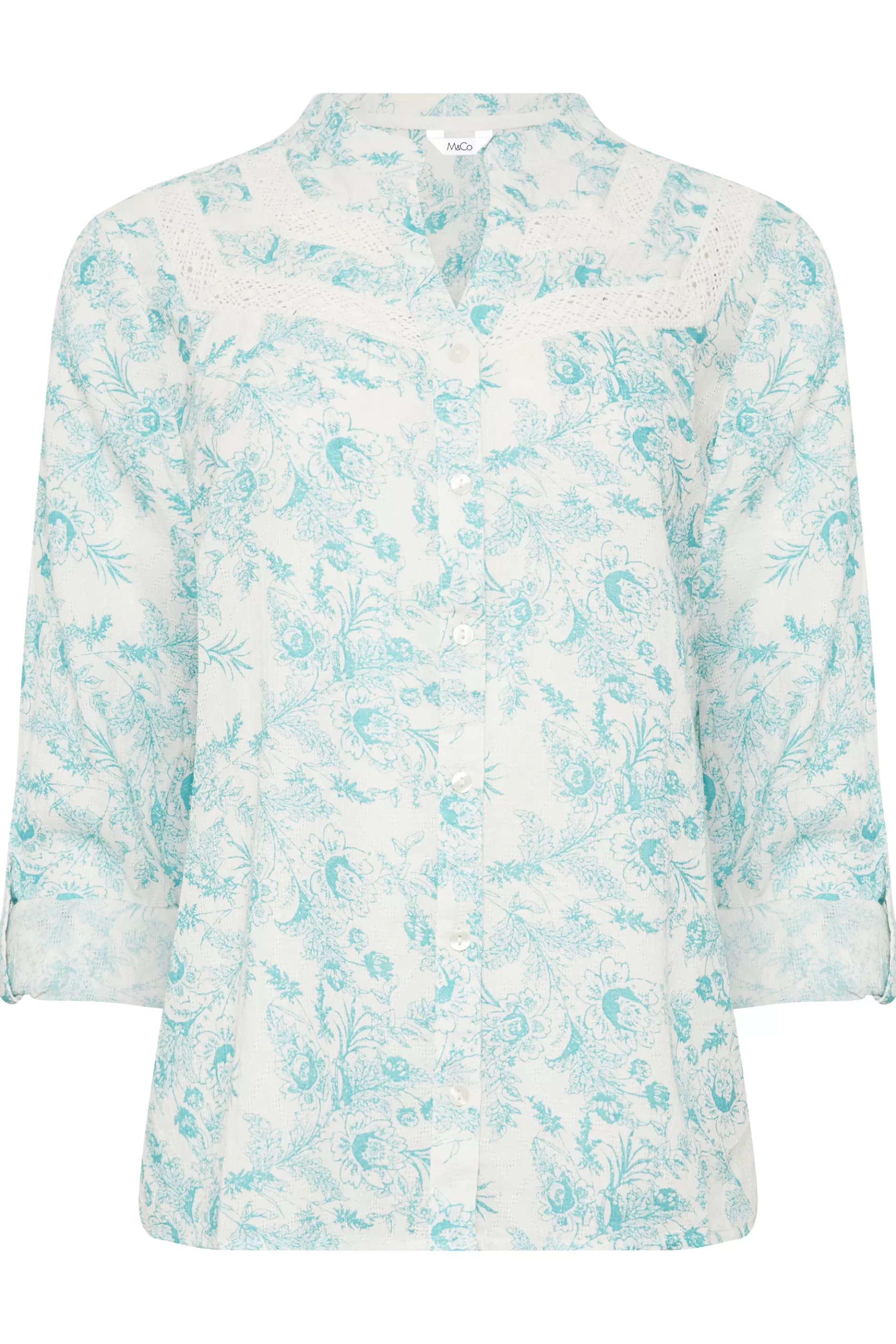 Women M&Co Shirts> Womens Light Blue Floral Lace Detail Shirt
