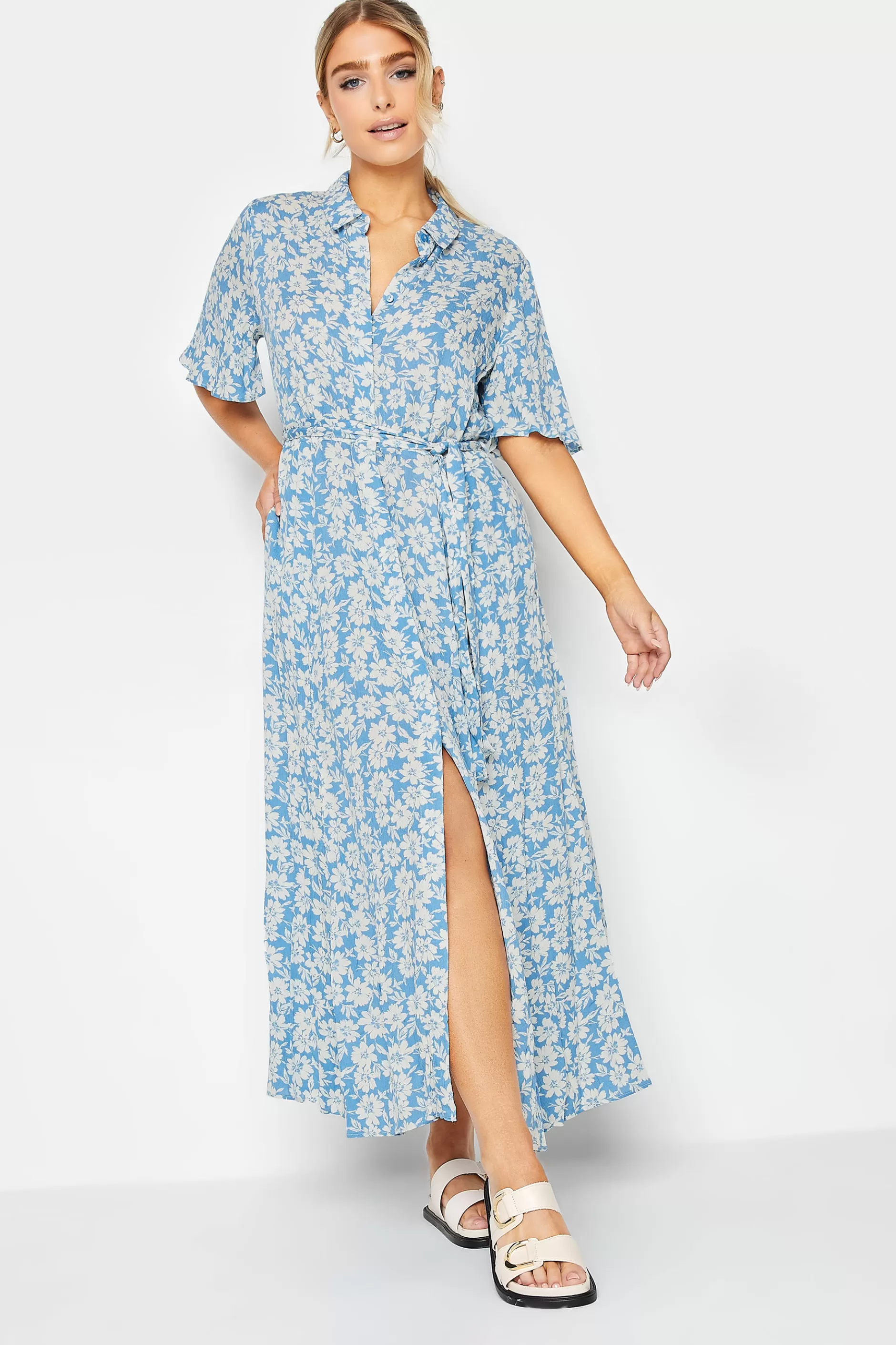 Women M&Co Shirt Dresses> Womens Light Blue Floral Print Maxi Shirt Dress