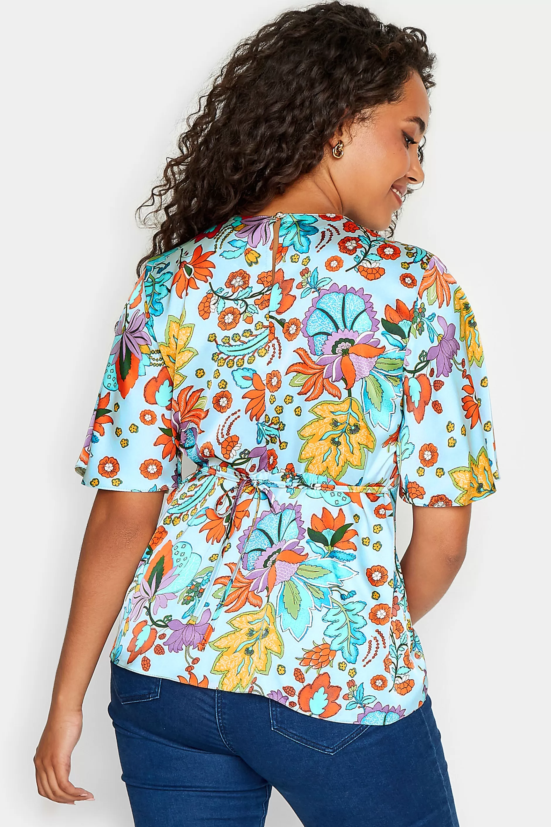 Women M&Co Short Sleeve Tops> Womens Light Blue Floral Tie Back Blouse