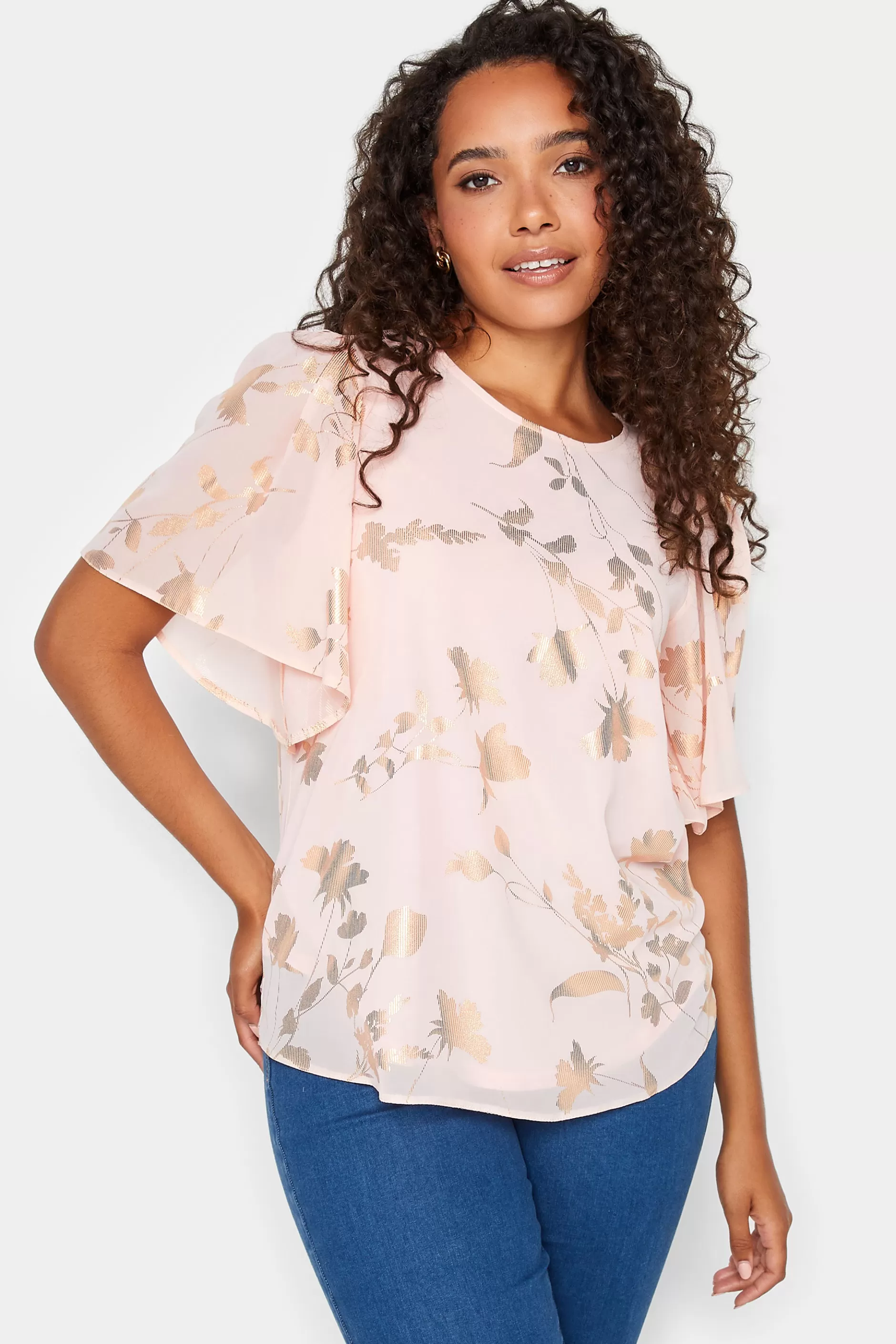 Women M&Co Short Sleeve Tops> Womens Light Pink Floral Shimmer Blouse