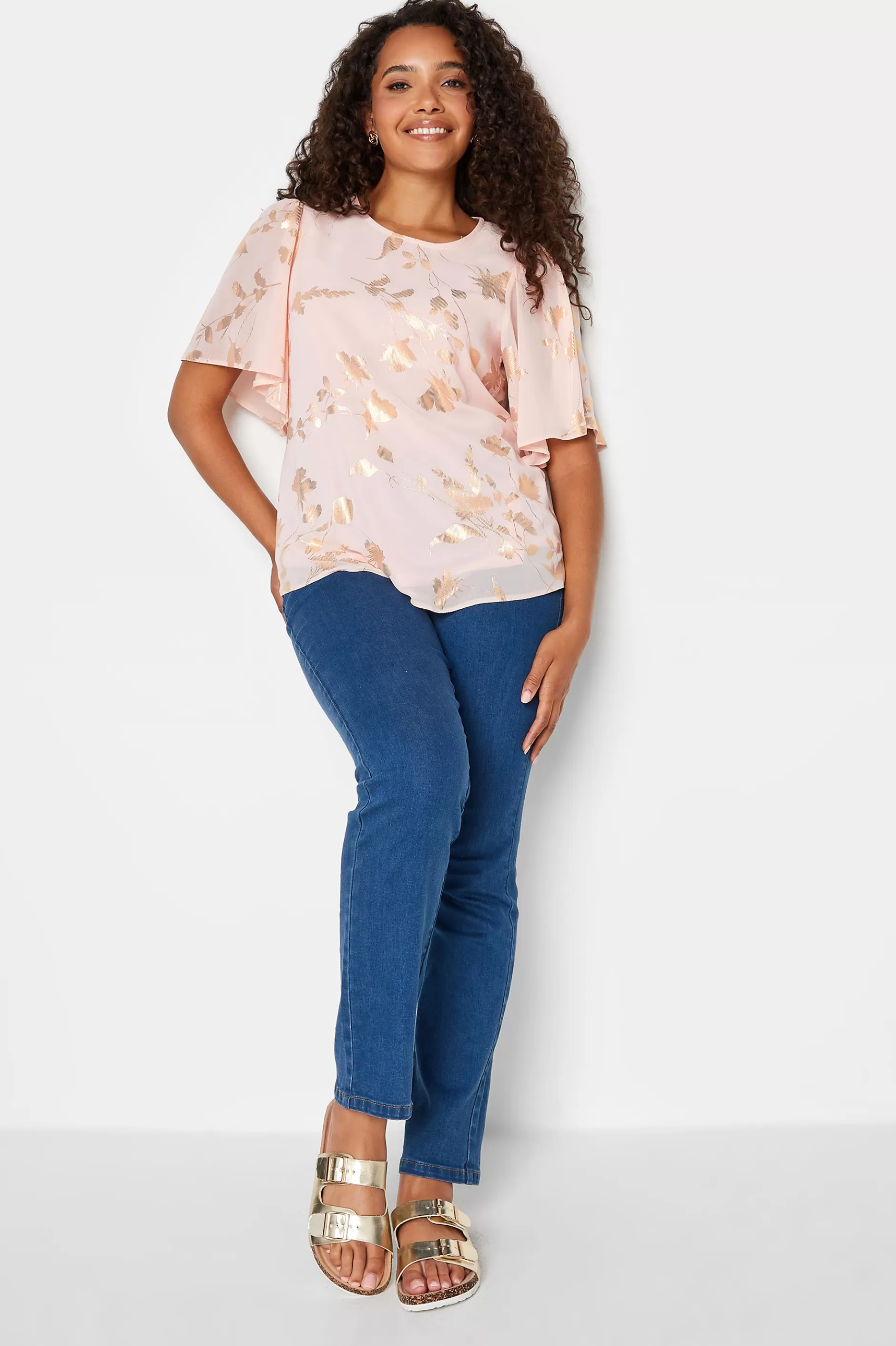 Women M&Co Short Sleeve Tops> Womens Light Pink Floral Shimmer Blouse