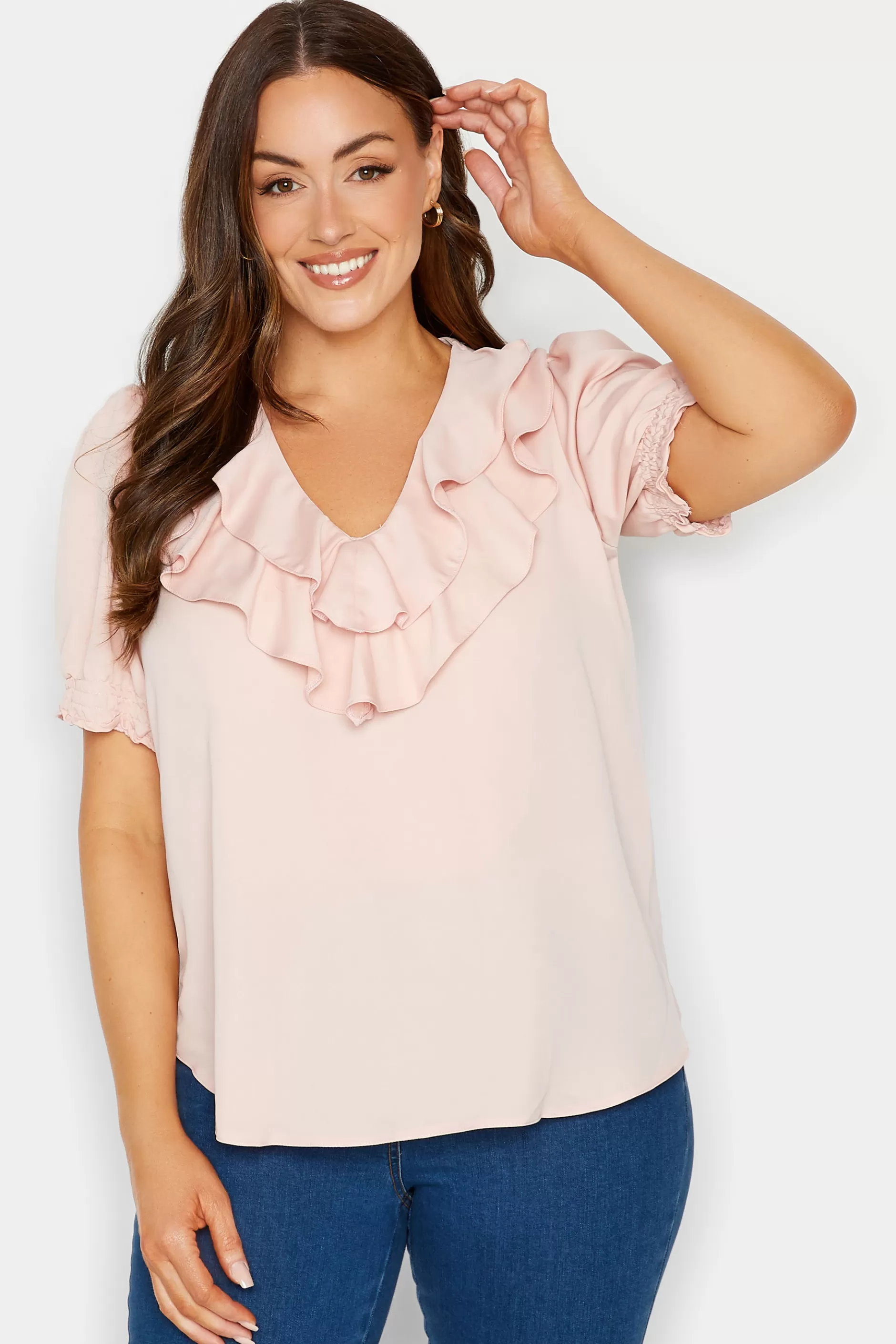 Women M&Co Short Sleeve Tops> Womens Light Pink Frill Front Blouse