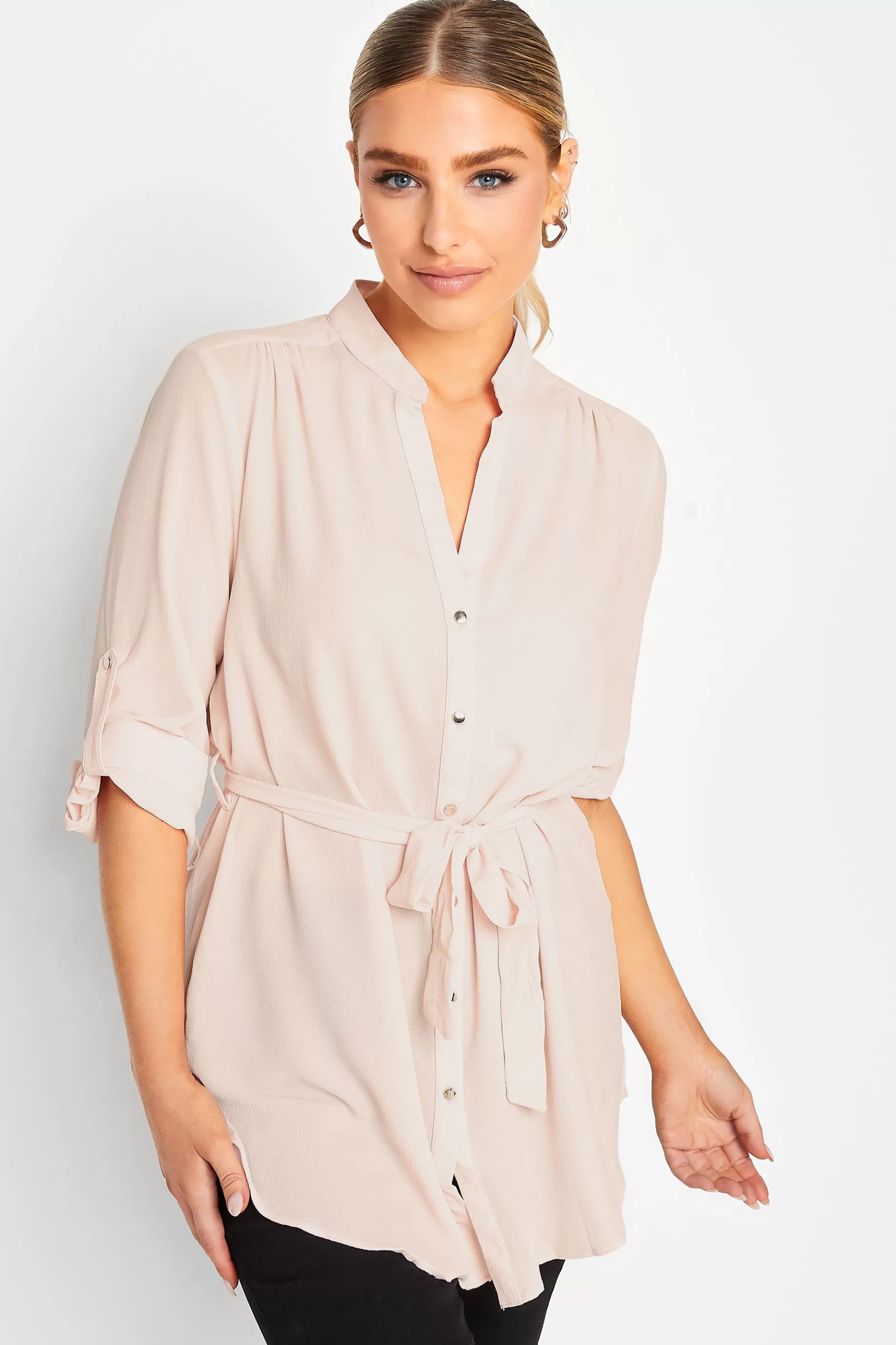 Women M&Co Shirts> Womens Light Pink Tie Waist Tunic Shirt