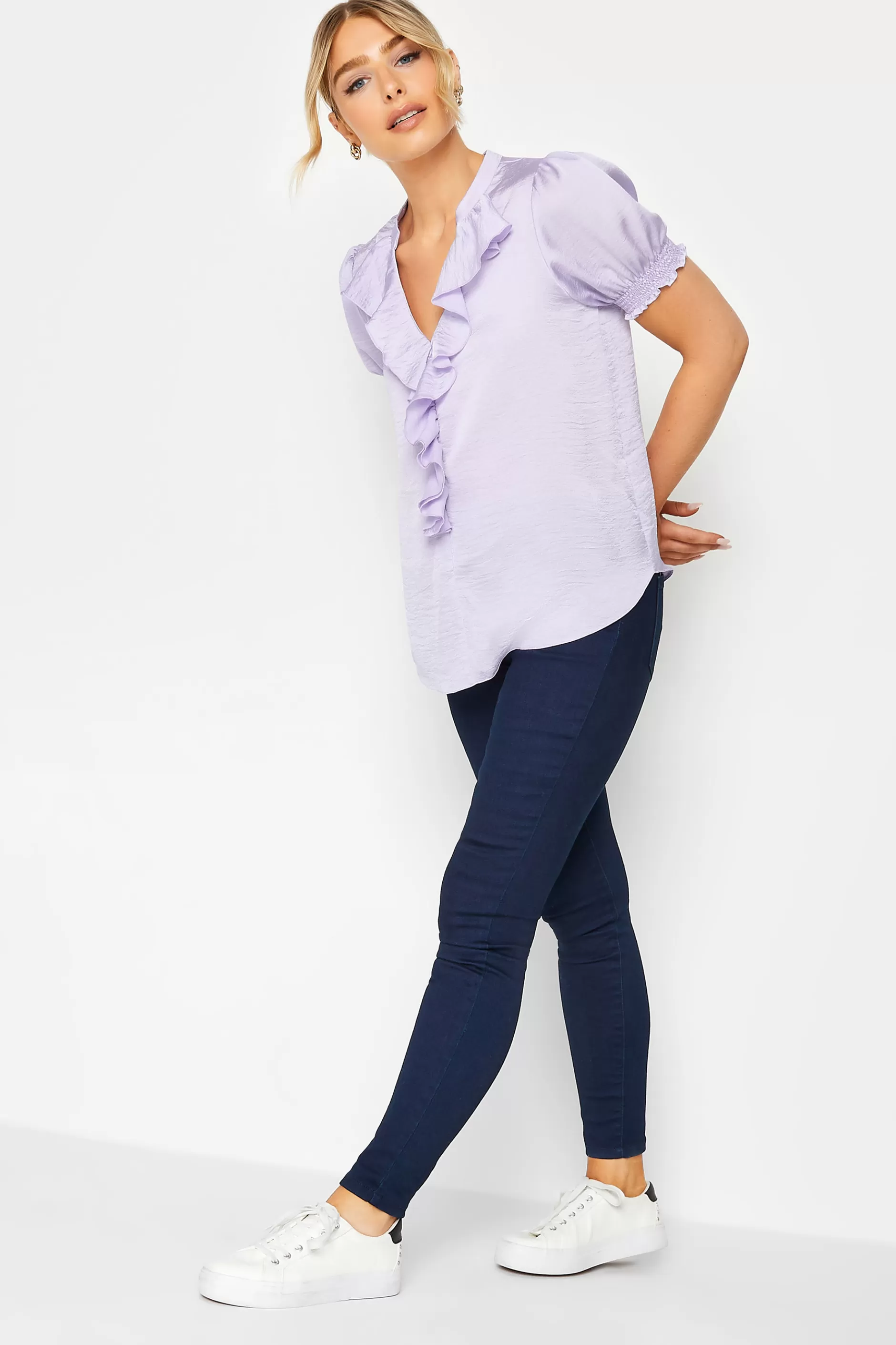 Women M&Co Short Sleeve Tops> Womens Lilac Purple Frill Satin Blouse