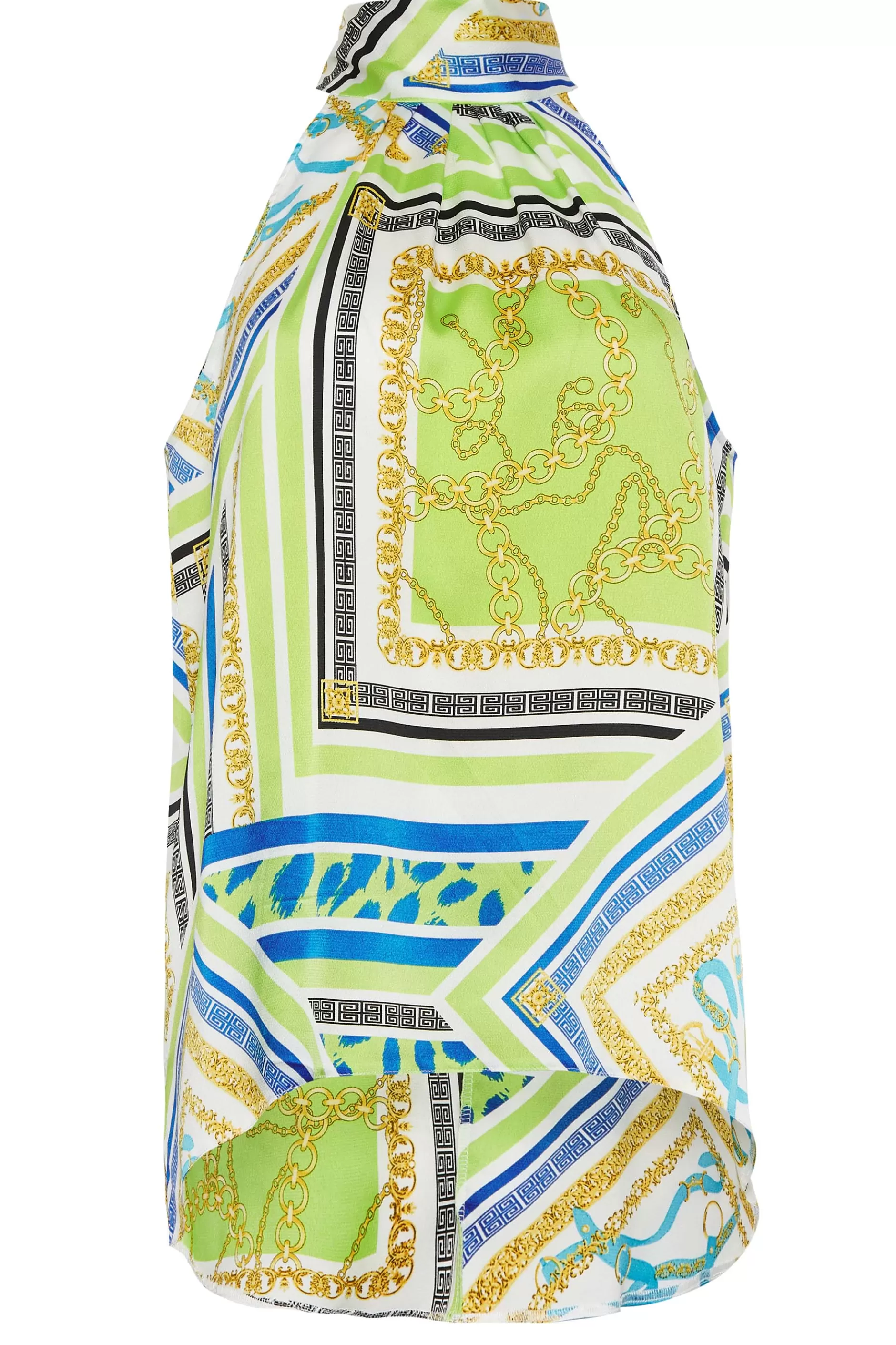 Women M&Co Short Sleeve Tops> Womens Lime Green Scarf Print Halter Neck Blouse