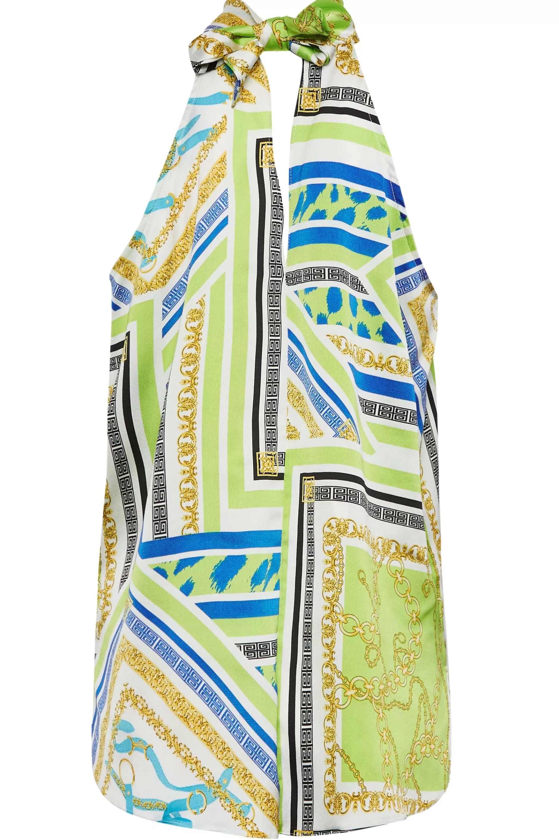 Women M&Co Short Sleeve Tops> Womens Lime Green Scarf Print Halter Neck Blouse