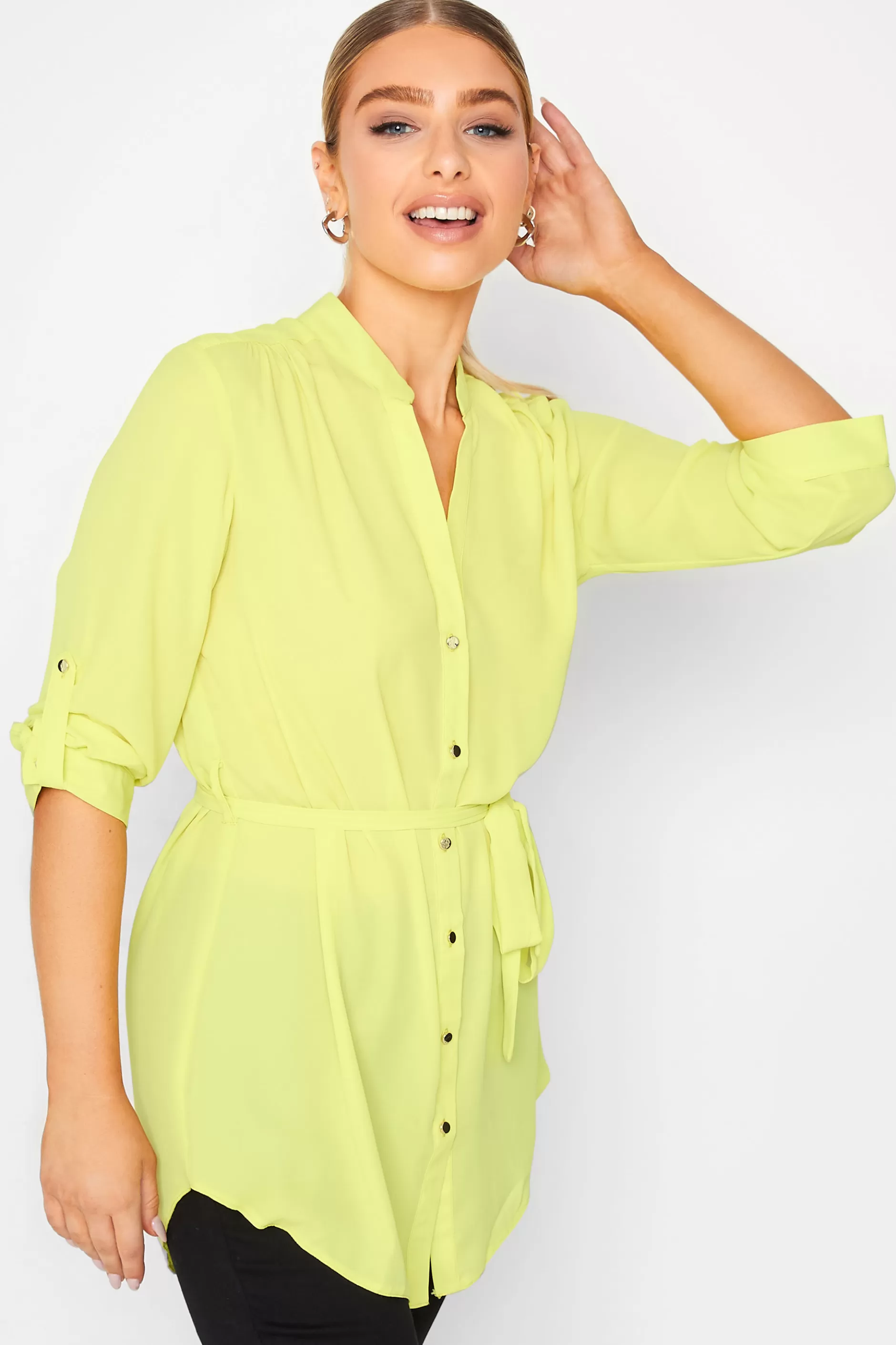 Women M&Co Shirts> Womens Lime Green Tie Waist Blouse