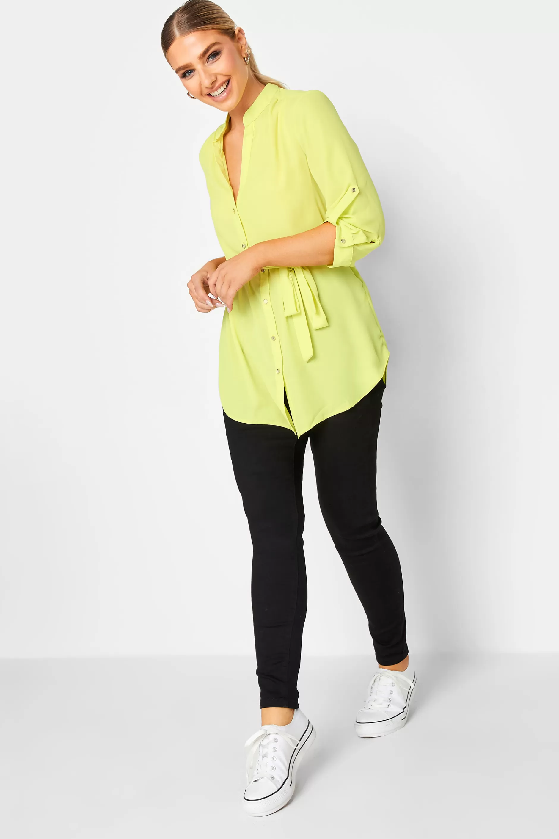 Women M&Co Shirts> Womens Lime Green Tie Waist Blouse