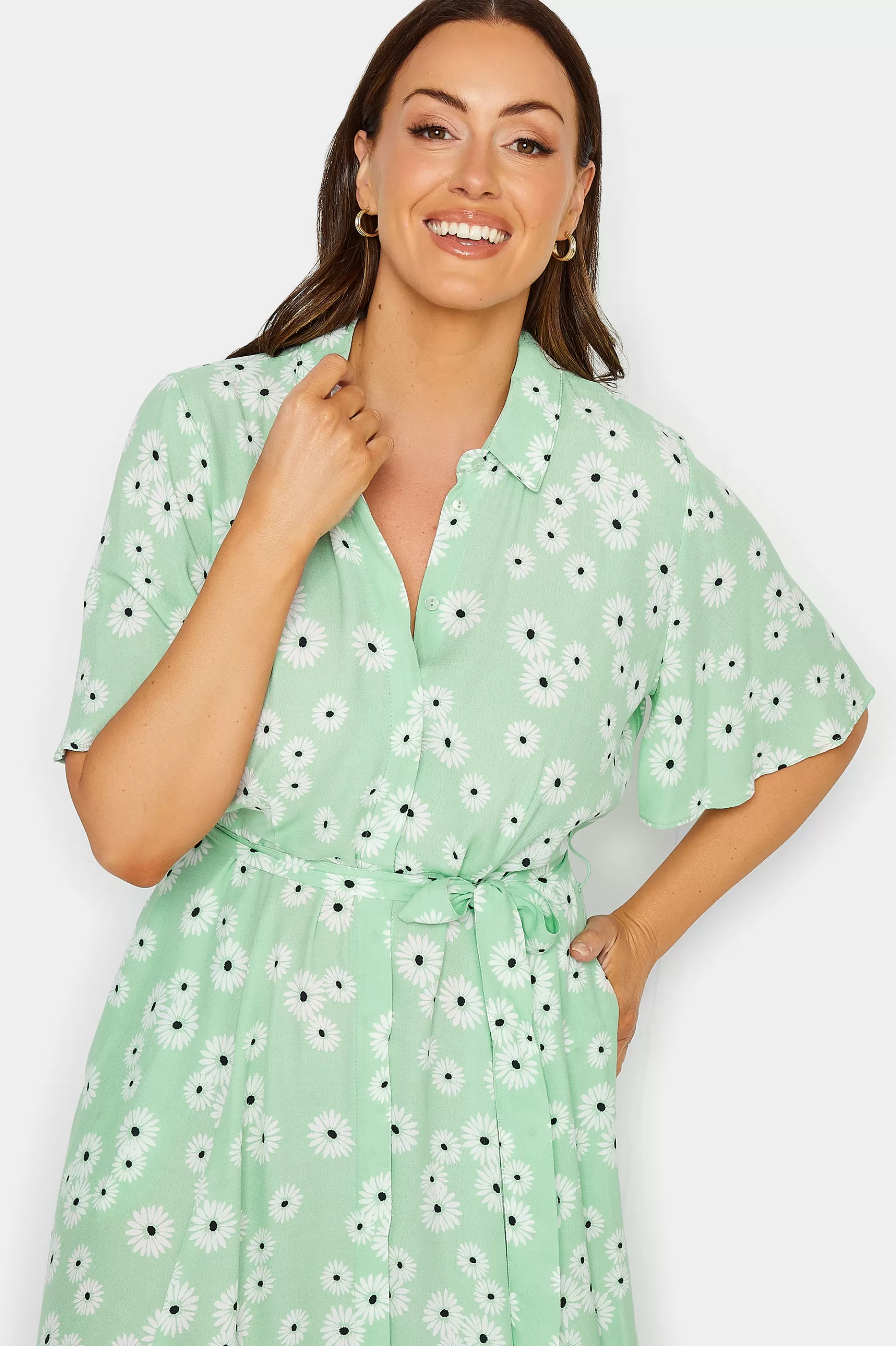 Women M&Co Shirt Dresses> Womens Mint Green Daisy Print Maxi Shirt Dress