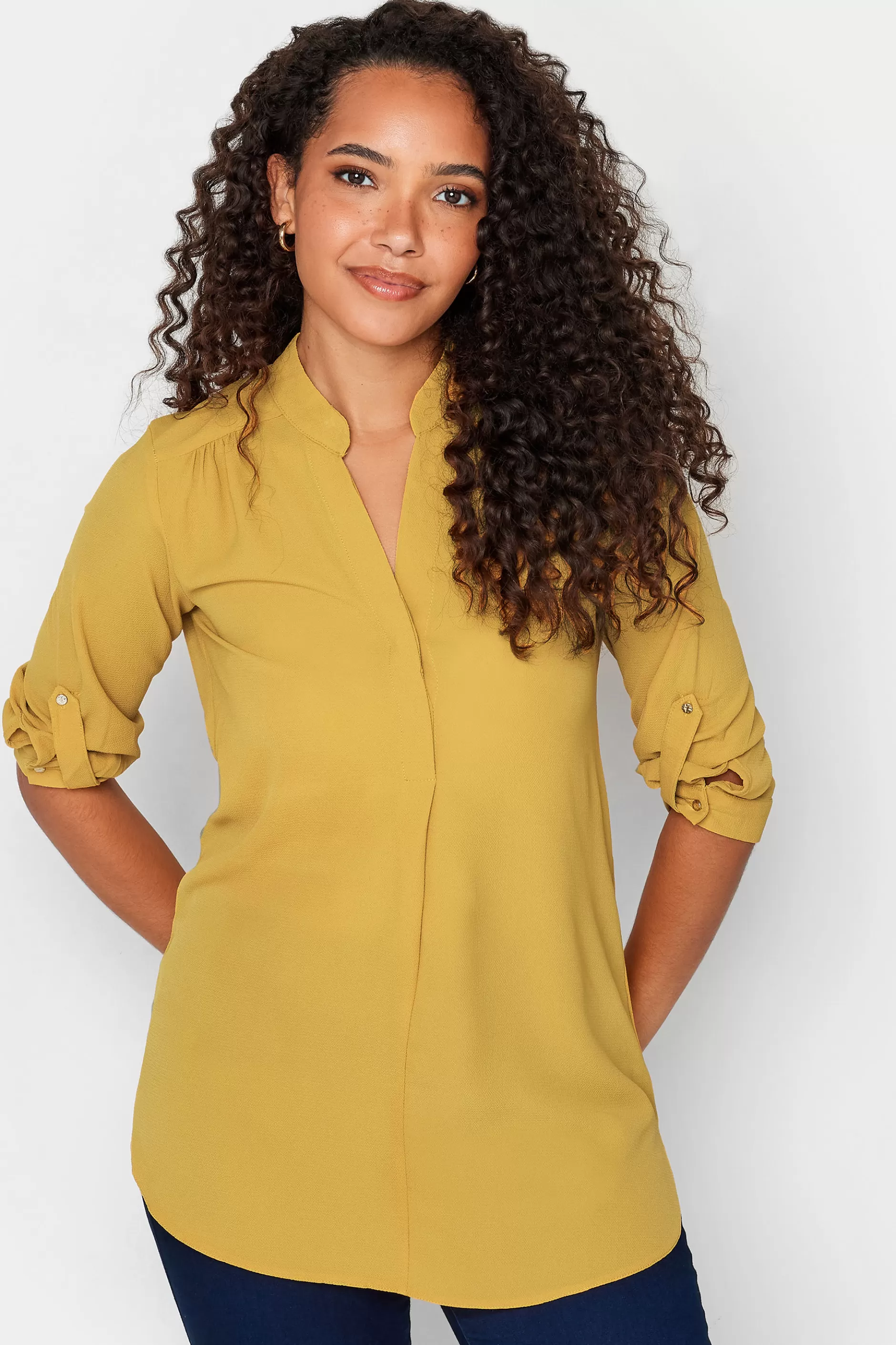 Women M&Co Shirts> Womens Mustard Yellow Tab Sleeve Blouse