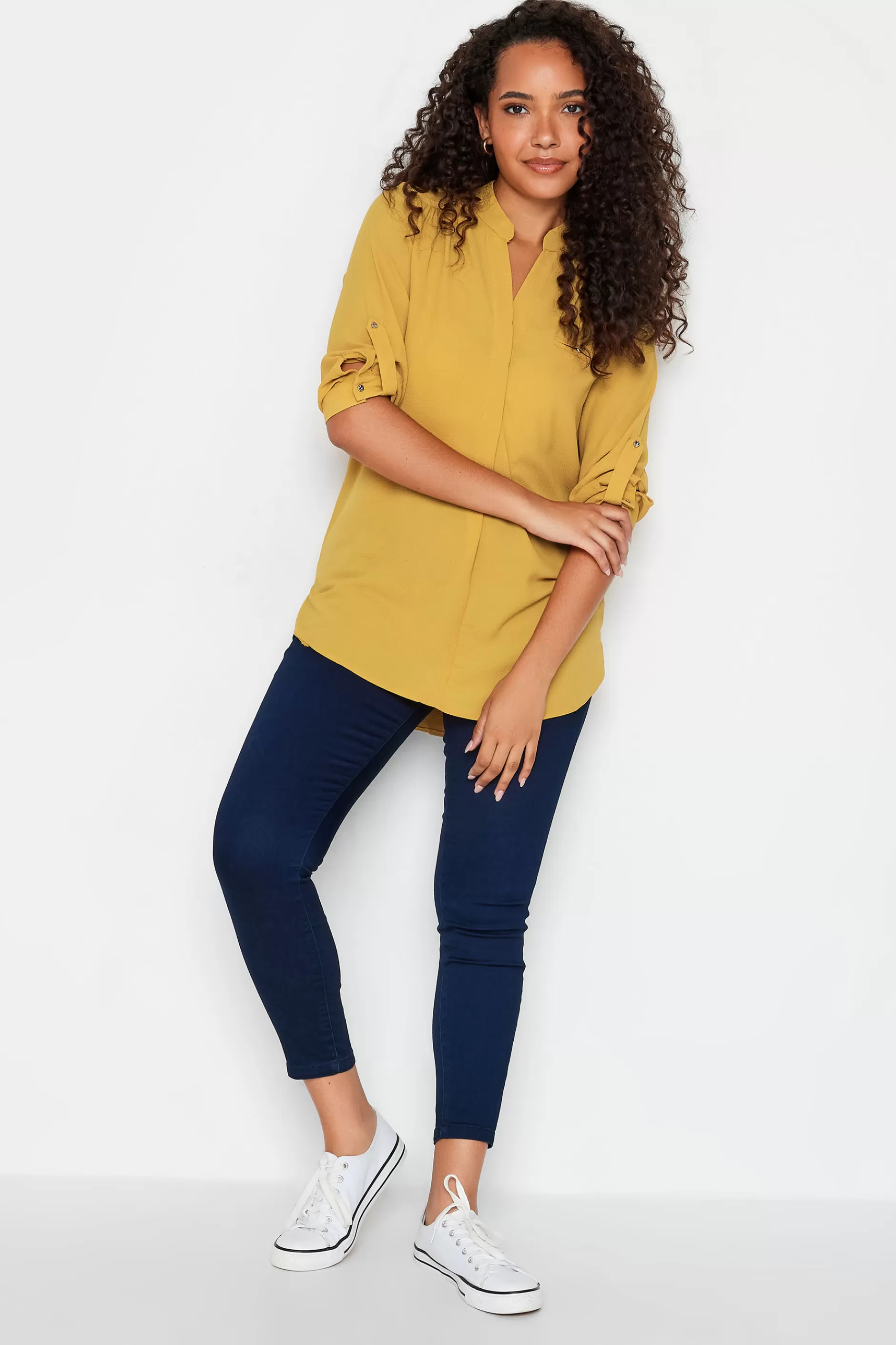 Women M&Co Shirts> Womens Mustard Yellow Tab Sleeve Blouse