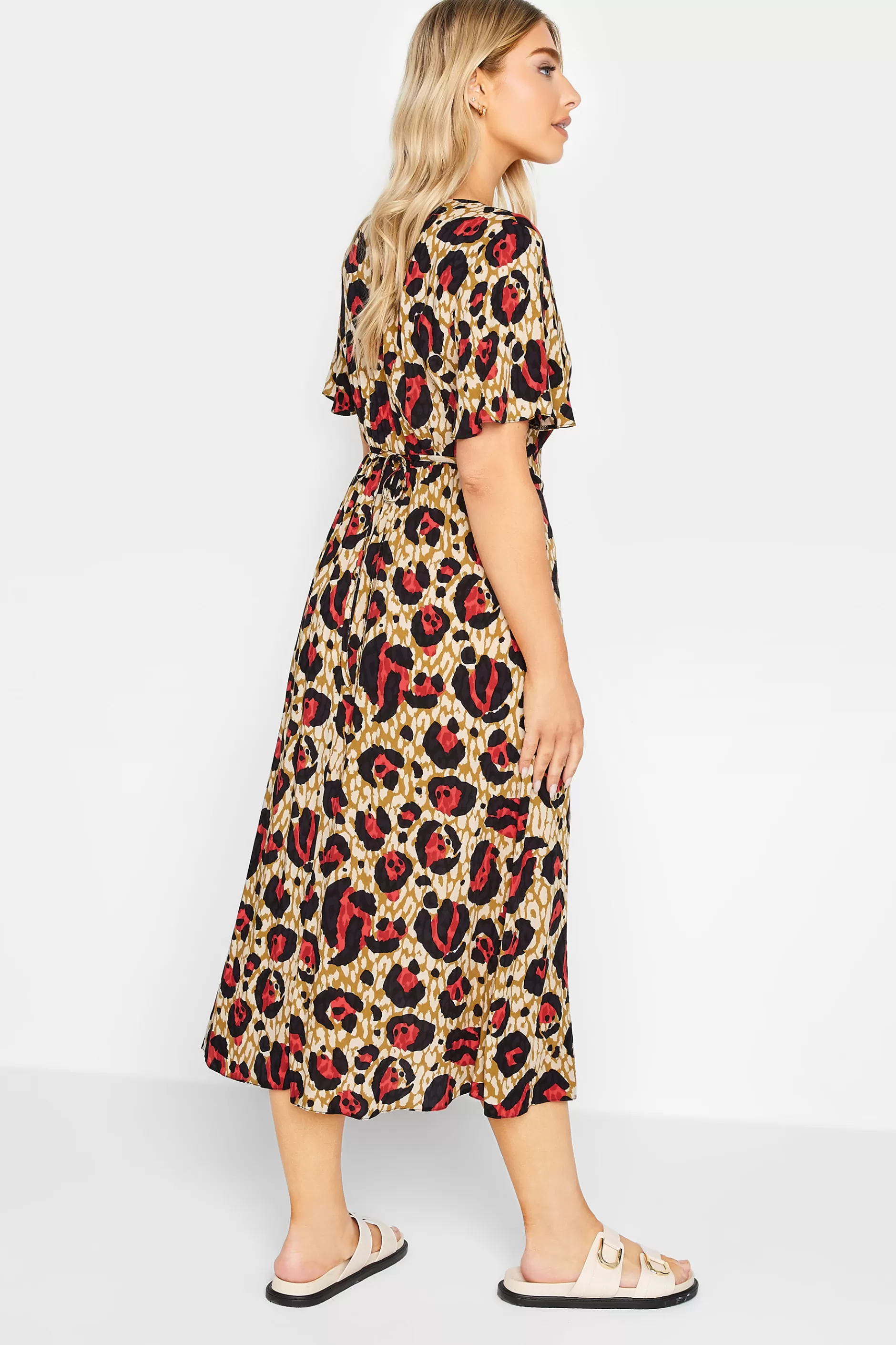 Women M&Co Midi Dresses> Womens Natural Brown & Red Animal Print Midi Button Through Tea Dress
