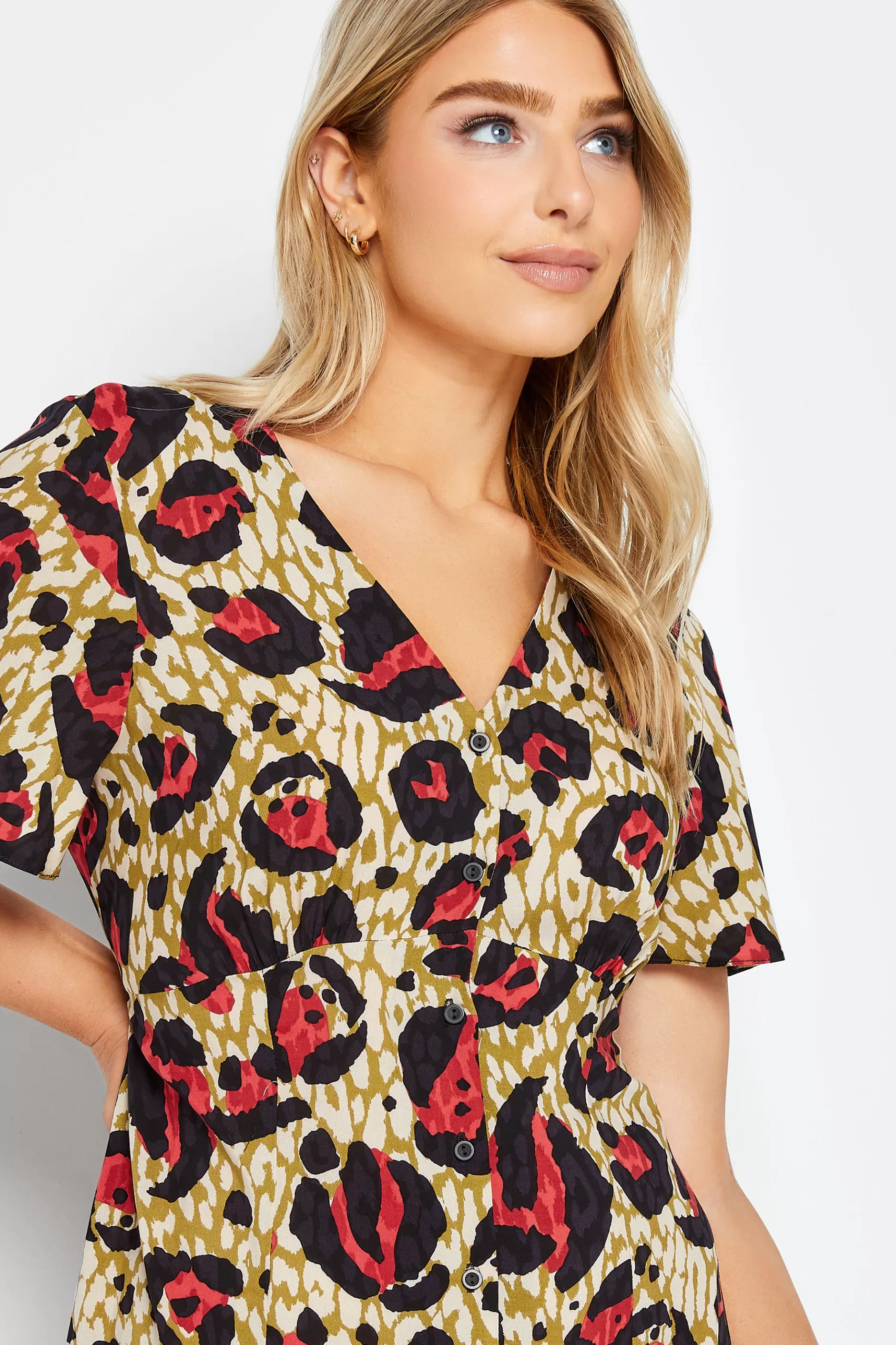 Women M&Co Midi Dresses> Womens Natural Brown & Red Animal Print Midi Button Through Tea Dress