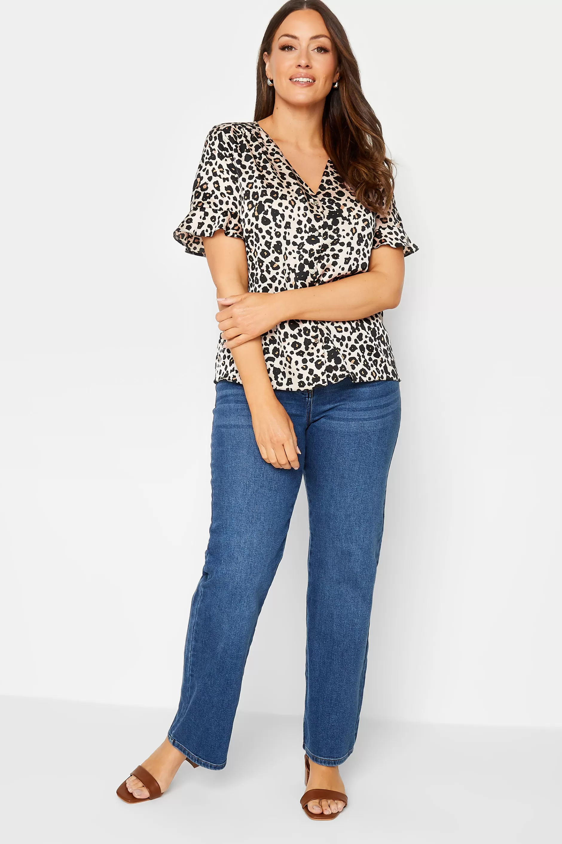 Women M&Co Short Sleeve Tops> Womens Natural Leopard Frill Sleeve Blouse