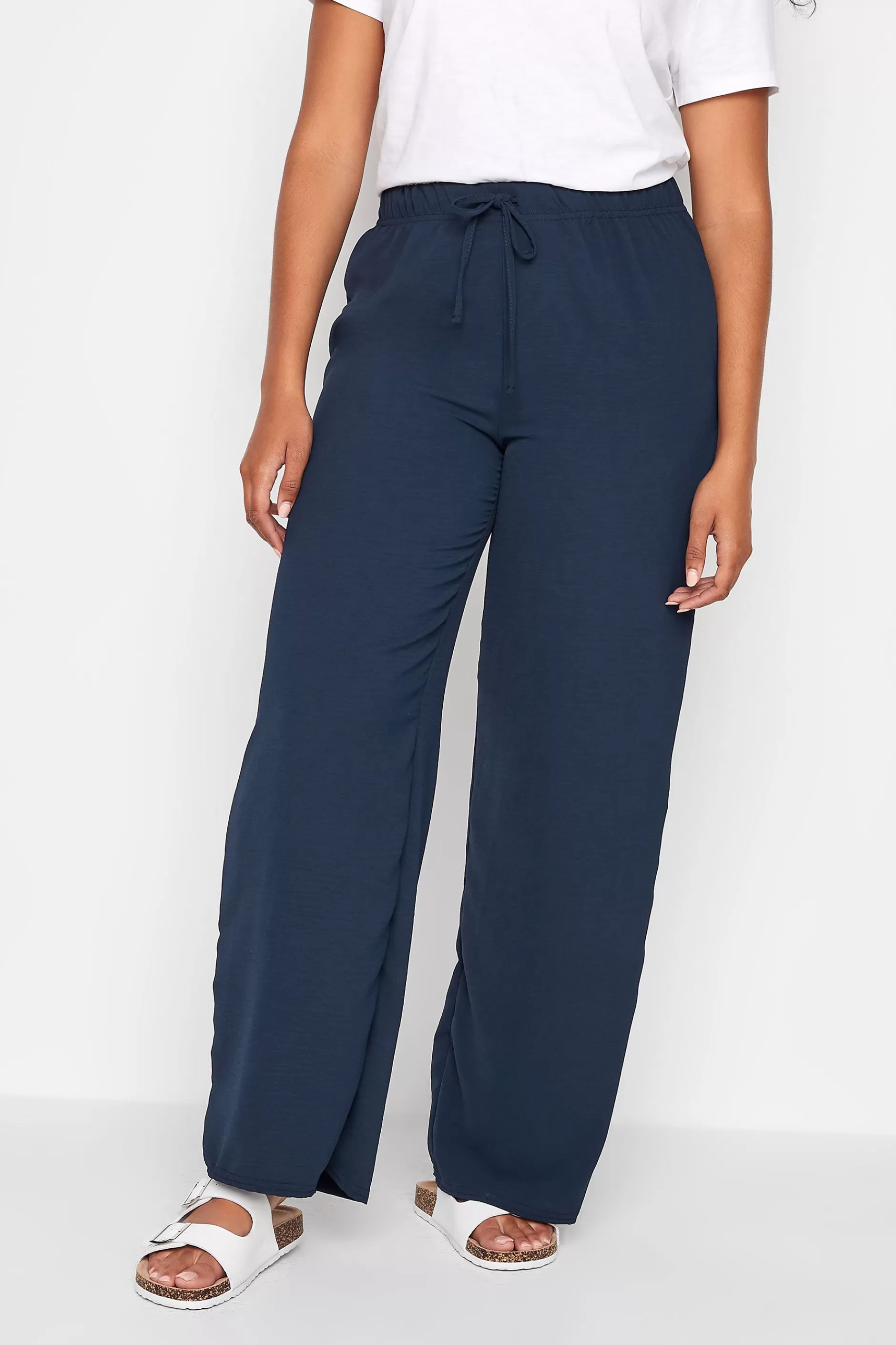 Women M&Co Wide Leg Trousers> Womens Navy Blue Crepe Wide Leg Trousers