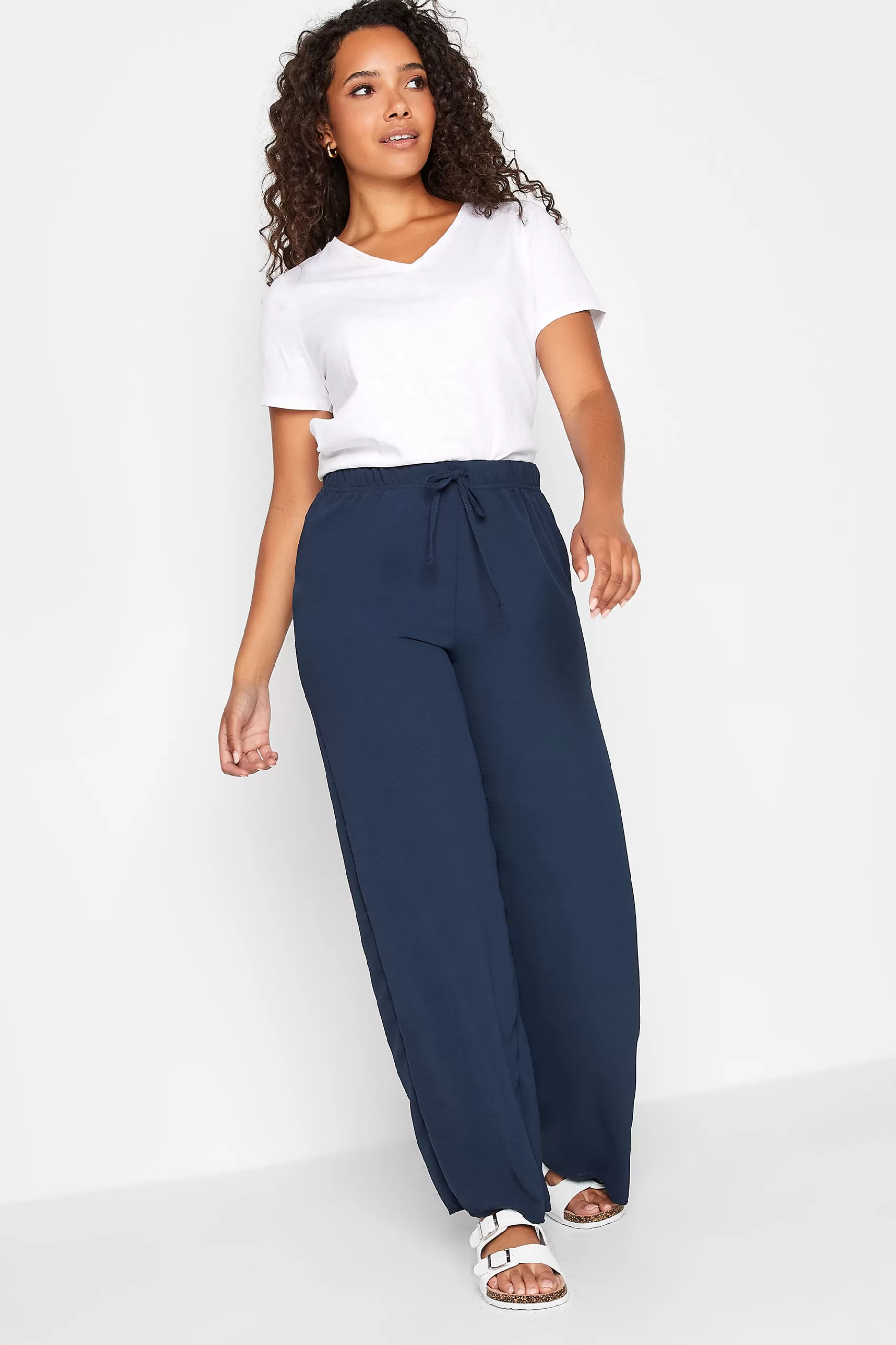 Women M&Co Wide Leg Trousers> Womens Navy Blue Crepe Wide Leg Trousers