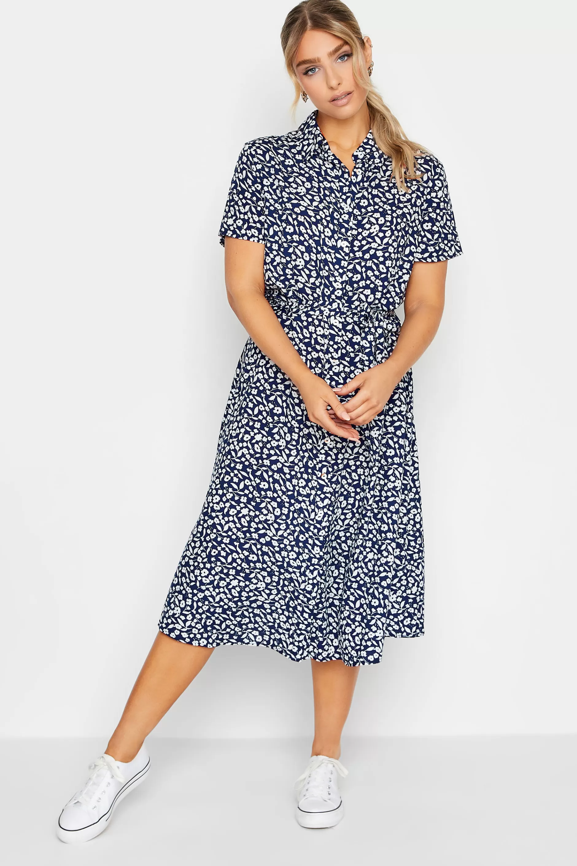Women M&Co Shirt Dresses> Womens Navy Blue Ditsy Print Button Through Midi Dress
