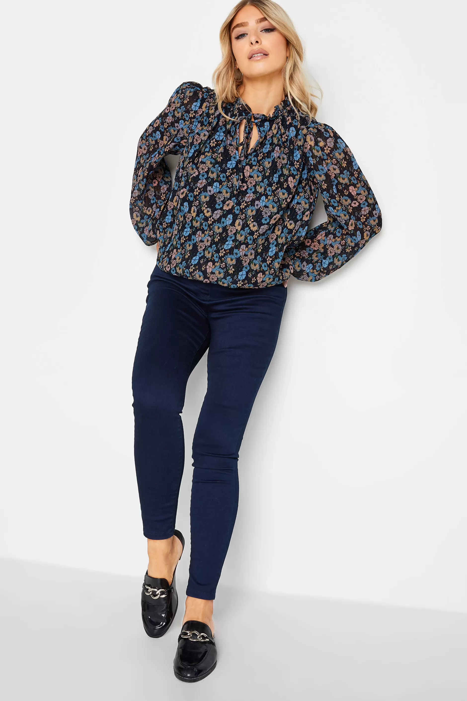 Women M&Co Long Sleeve Tops> Womens Navy Blue Floral Pleated Blouse