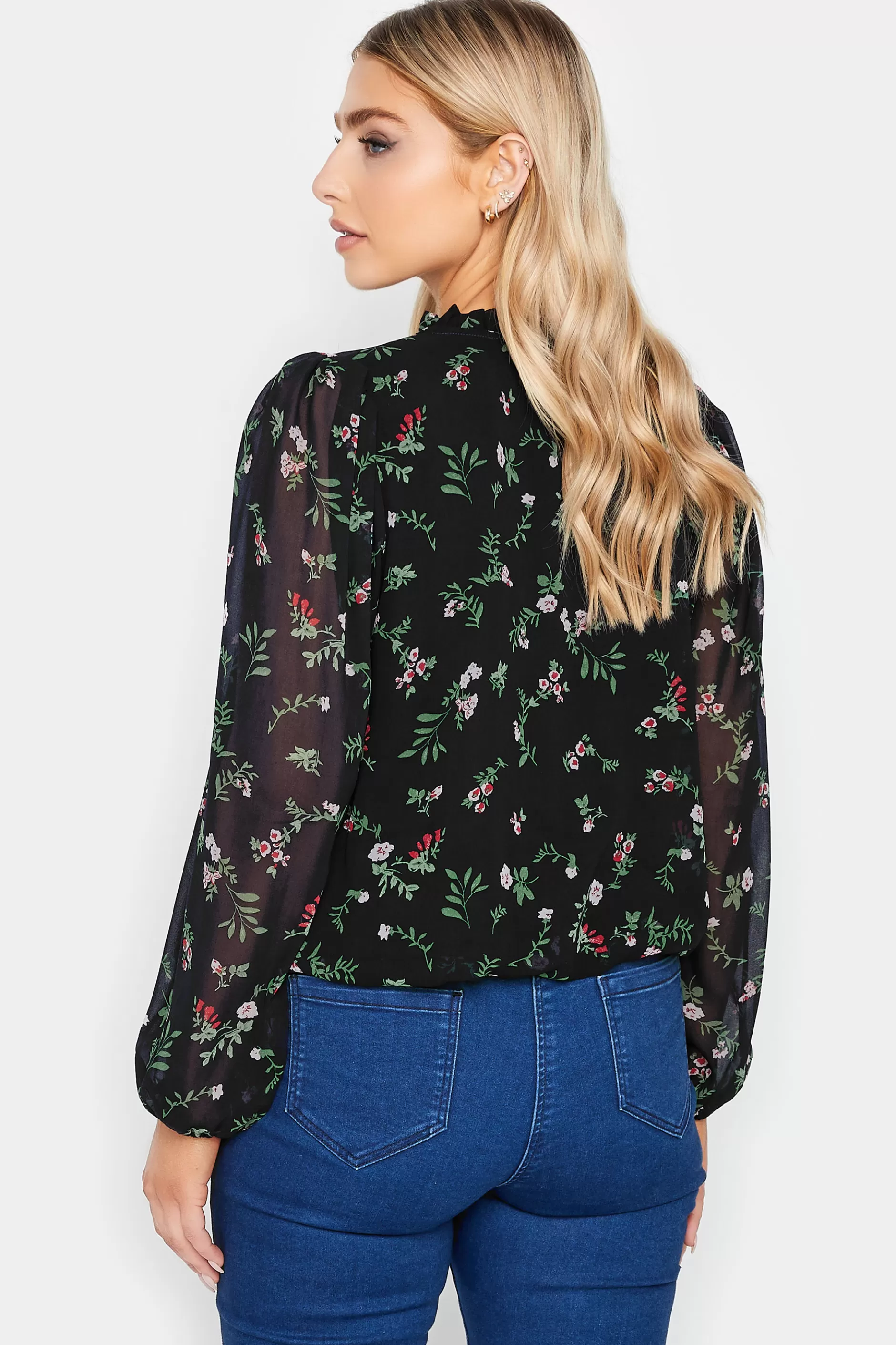 Women M&Co Long Sleeve Tops> Womens Navy Blue Floral Print Tie Neck Blouse
